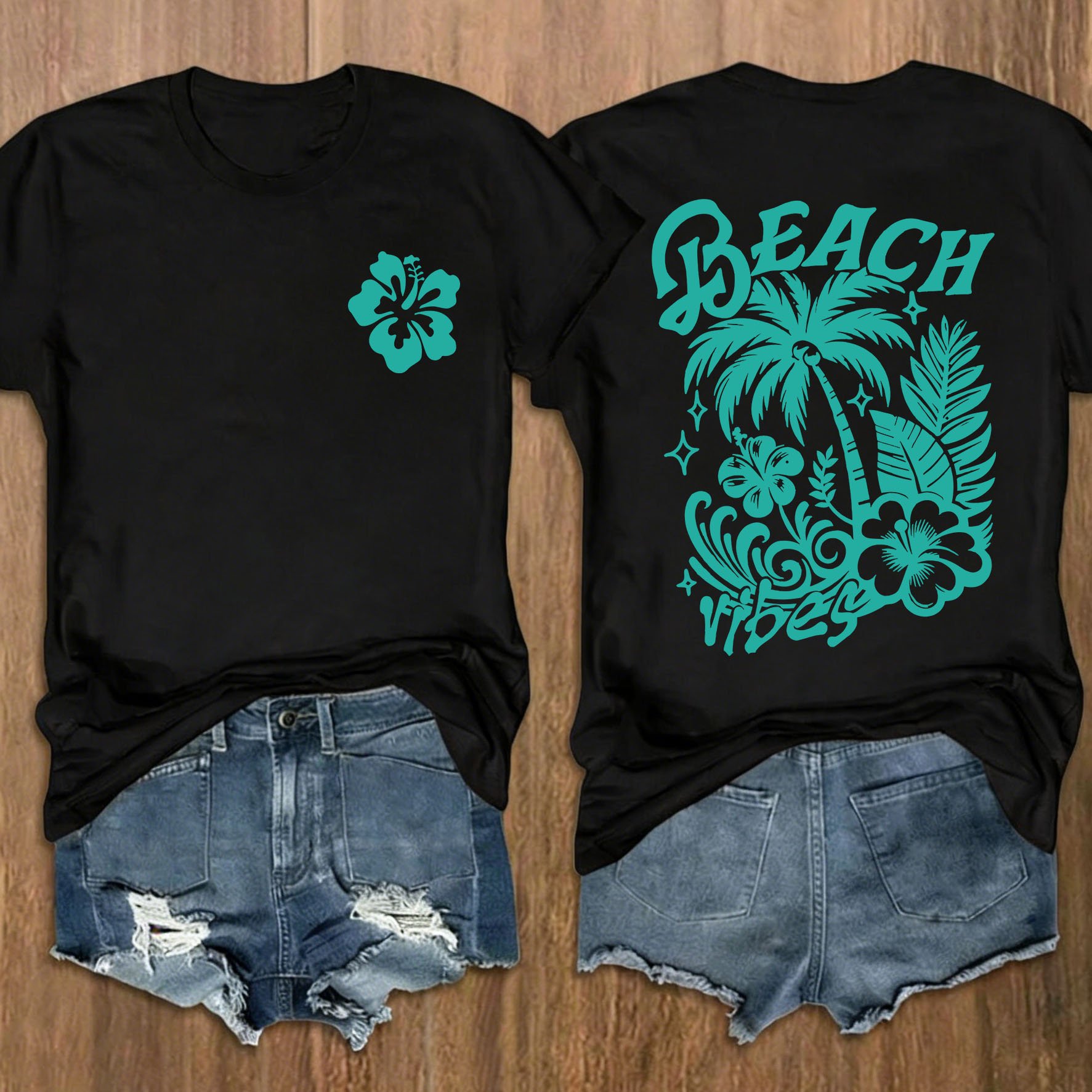 TEMU T-shirt met korte mouwen, ronde hals en print aan de voorkant en achterkant, 2026 lente/zomer, nieuw casual letter kokosnootboom strand vakantie