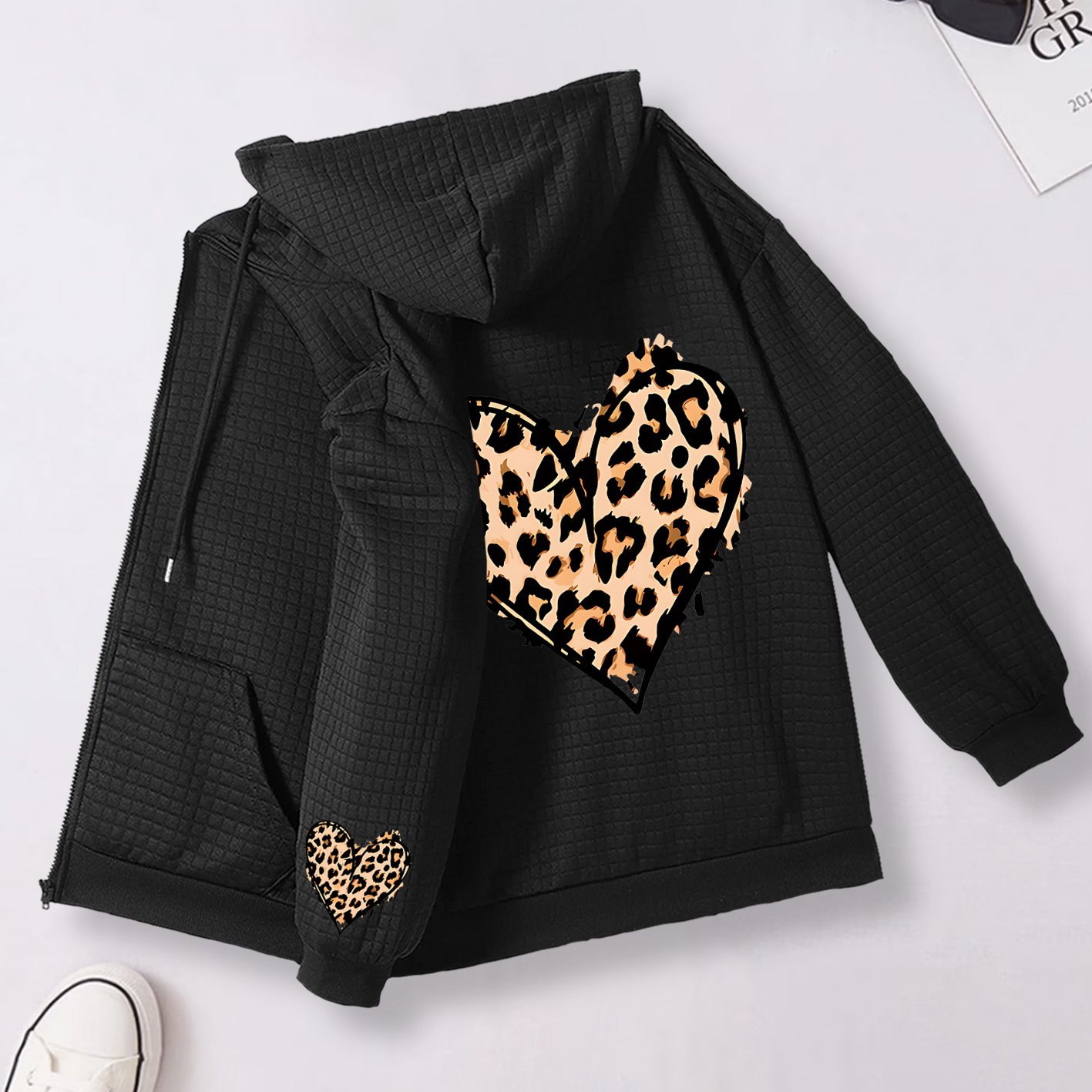 TEMU Veste à capuche décontractée pour femme avec imprimé nœud et lettres, fermeture éclair et cordon de serrage - Fibre, lavable en machine, motif