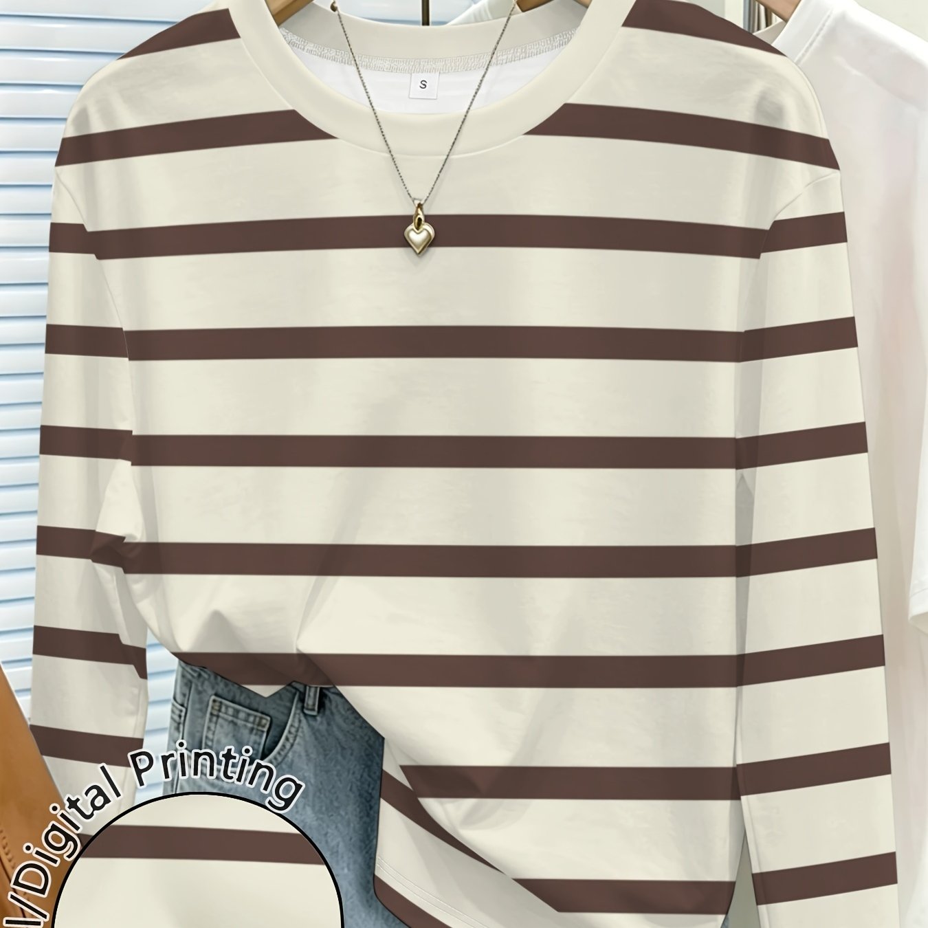 TEMU [printed Design - Not Textured] Striped Women's Printed Crew Neck Long Sleeve Top, Casual Brown Horizontal Stripe Print, Versatile