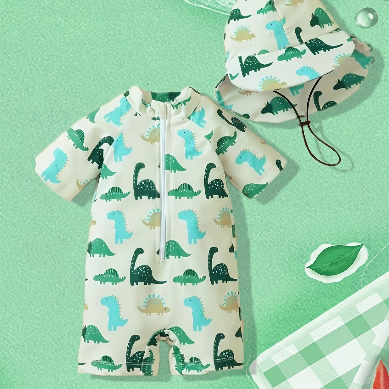 Boys -piece Swimsuit + Hat - Green