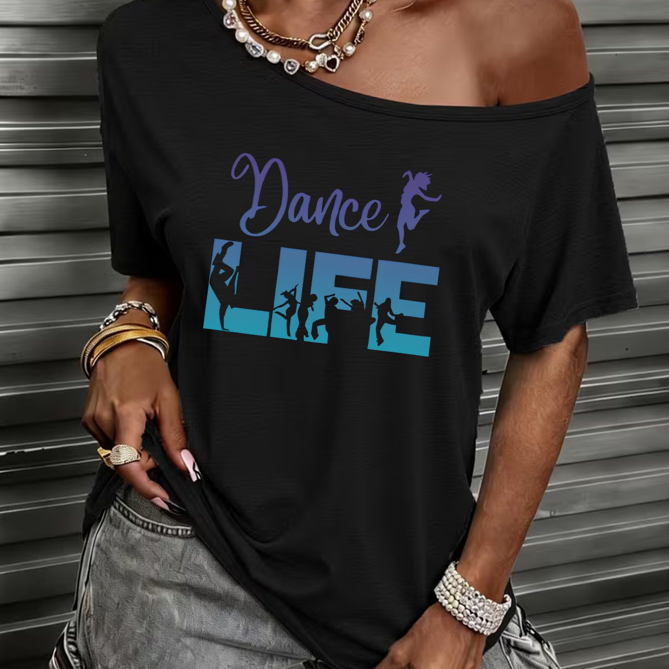 TEMU Y2k, 90s, Soft And Comfortable, Summer New Dance Life Silhouette Print Spicy Outfit, Casual Athletic, Elegant Women's Wear, Off-shoulder