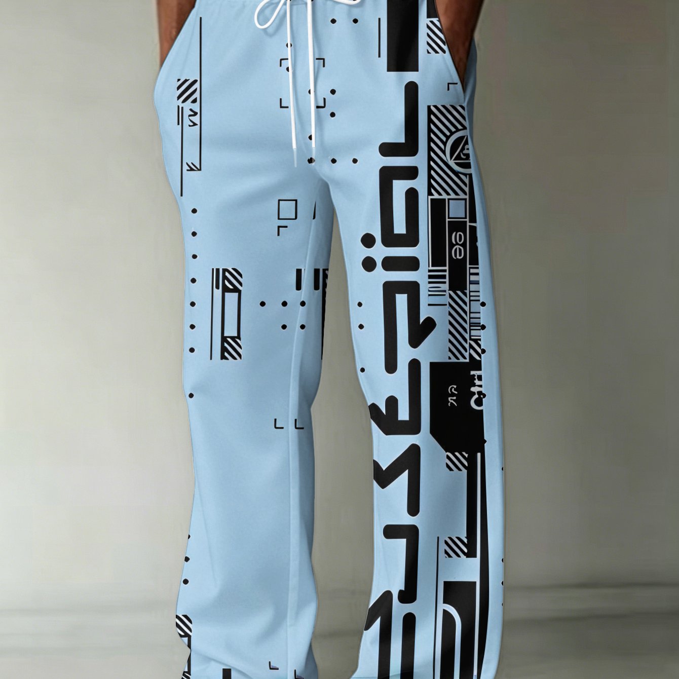TEMU Men's Fashion Printed Pants. This Design Features A Blue-black Color Palette With An Abstract Geometric Art Pattern. The Pants Are Straight-leg