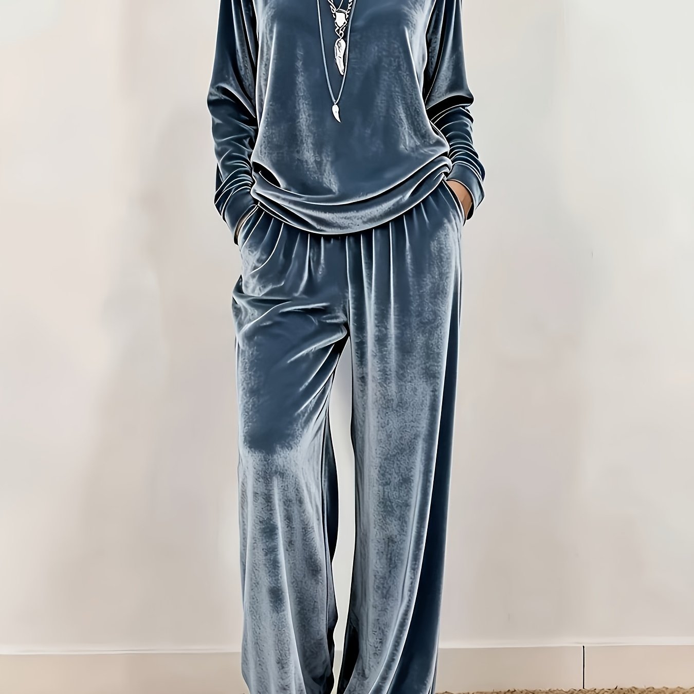 TEMU Nouvel ensemble automne/hiver pour femme : T-shirt décontracté à manches longues, col ras du cou, en velours doré de couleur unie, et pantalon à