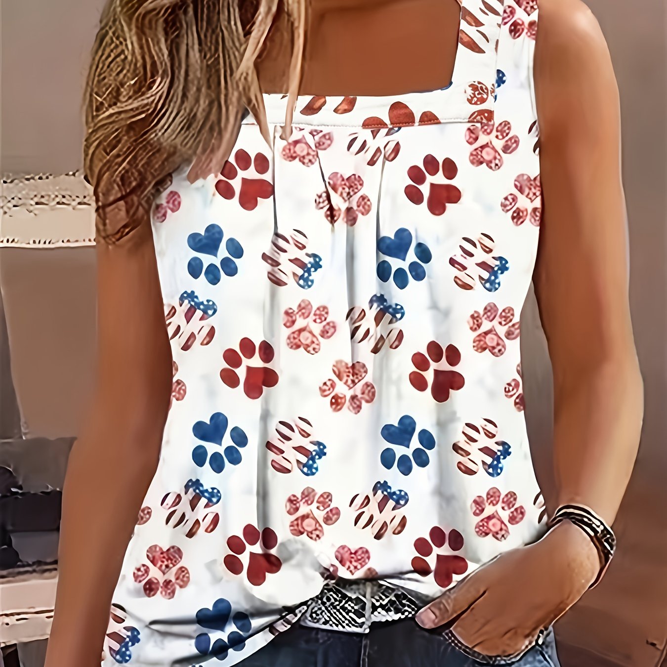 Paw Print Square Neck Tank Top Casual Sleeveless Tank Top - Temu