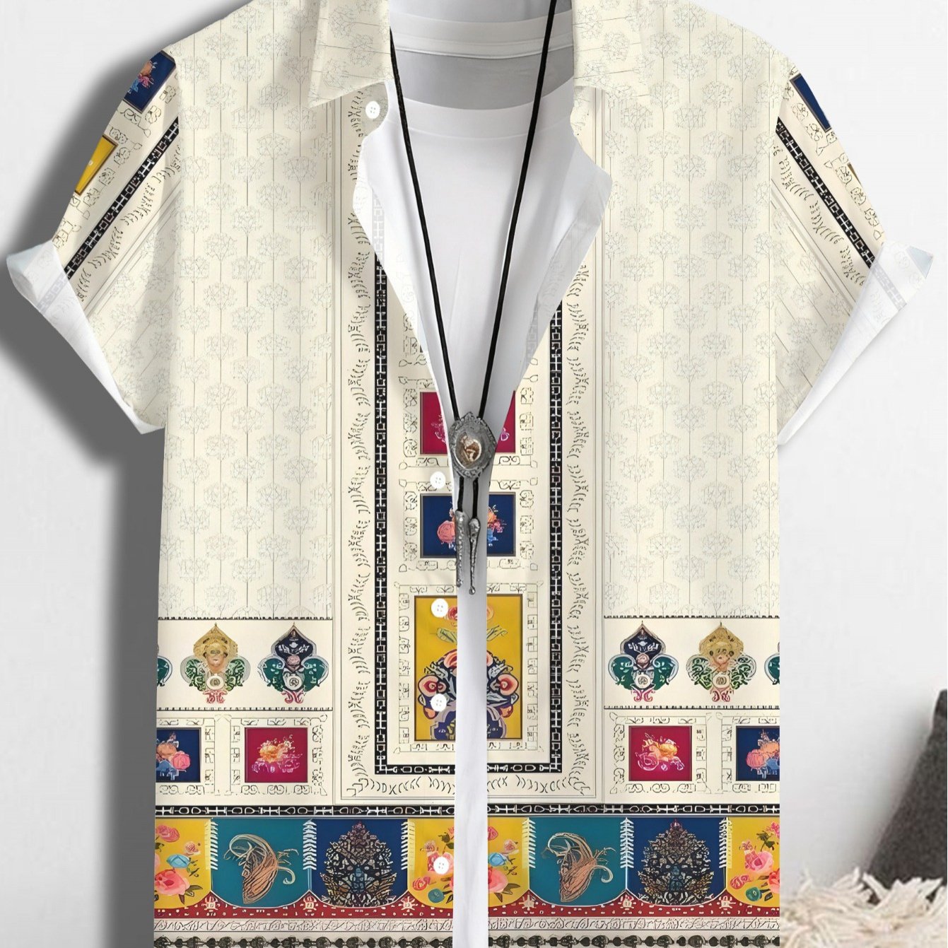 TEMU [printed Design-not Textured] 2026 Summer 's Plus Size Shirt Men's Ethnic Style Retro Shirt, Machine Washable, Blending Exotic Patterns And