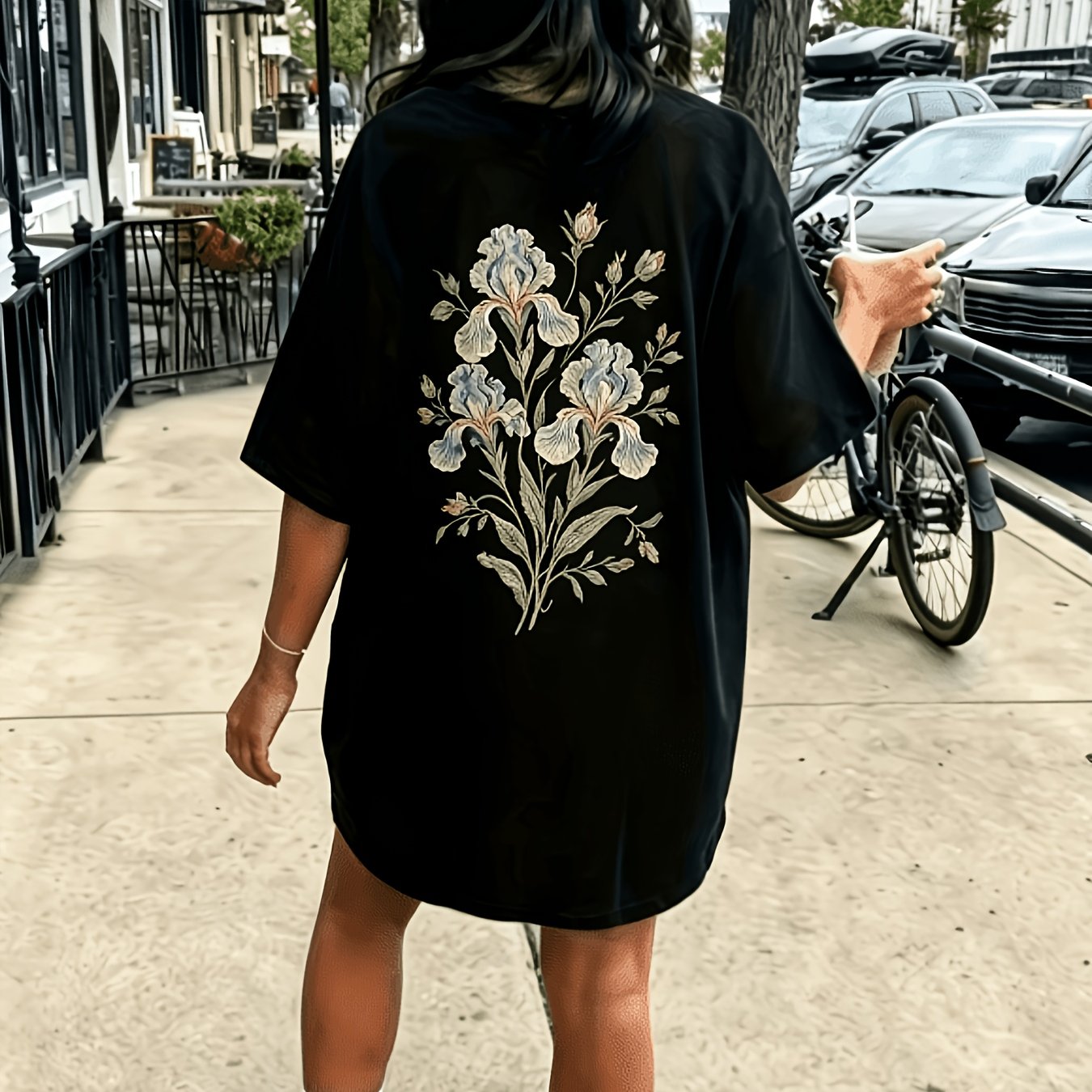 TEMU Lounge Pajamas, [ 2d Printed Design- Not Textured] Iris Graphic Long Tee, Cozy Summer Casual Dress, Pattern T- Shirt Dress- Casual Round Neck,