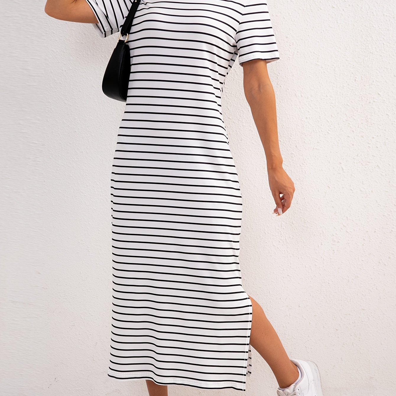 Fall Winter Women's Round Neck Striped Print Short Sleeve Slit Dress
