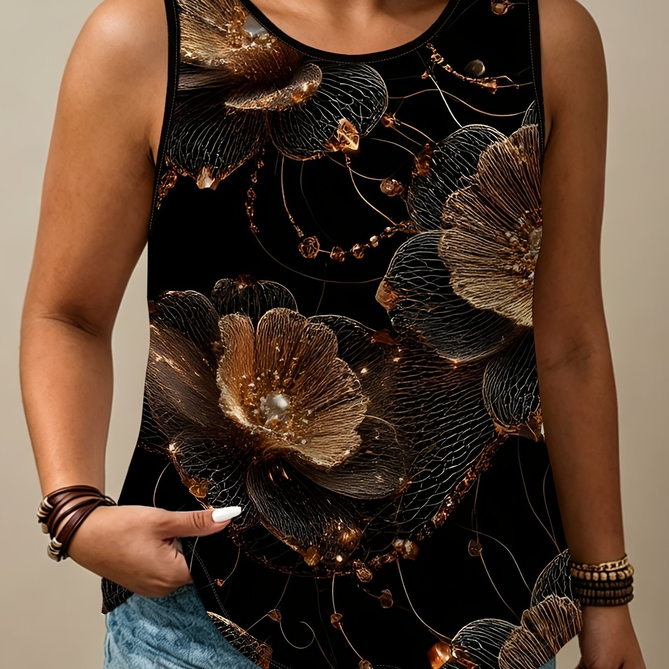 TEMU Black And Golden Floral Print Sleeveless Vest, Plus Size Women's Loose , Summer Autumn Casual Base Layer
