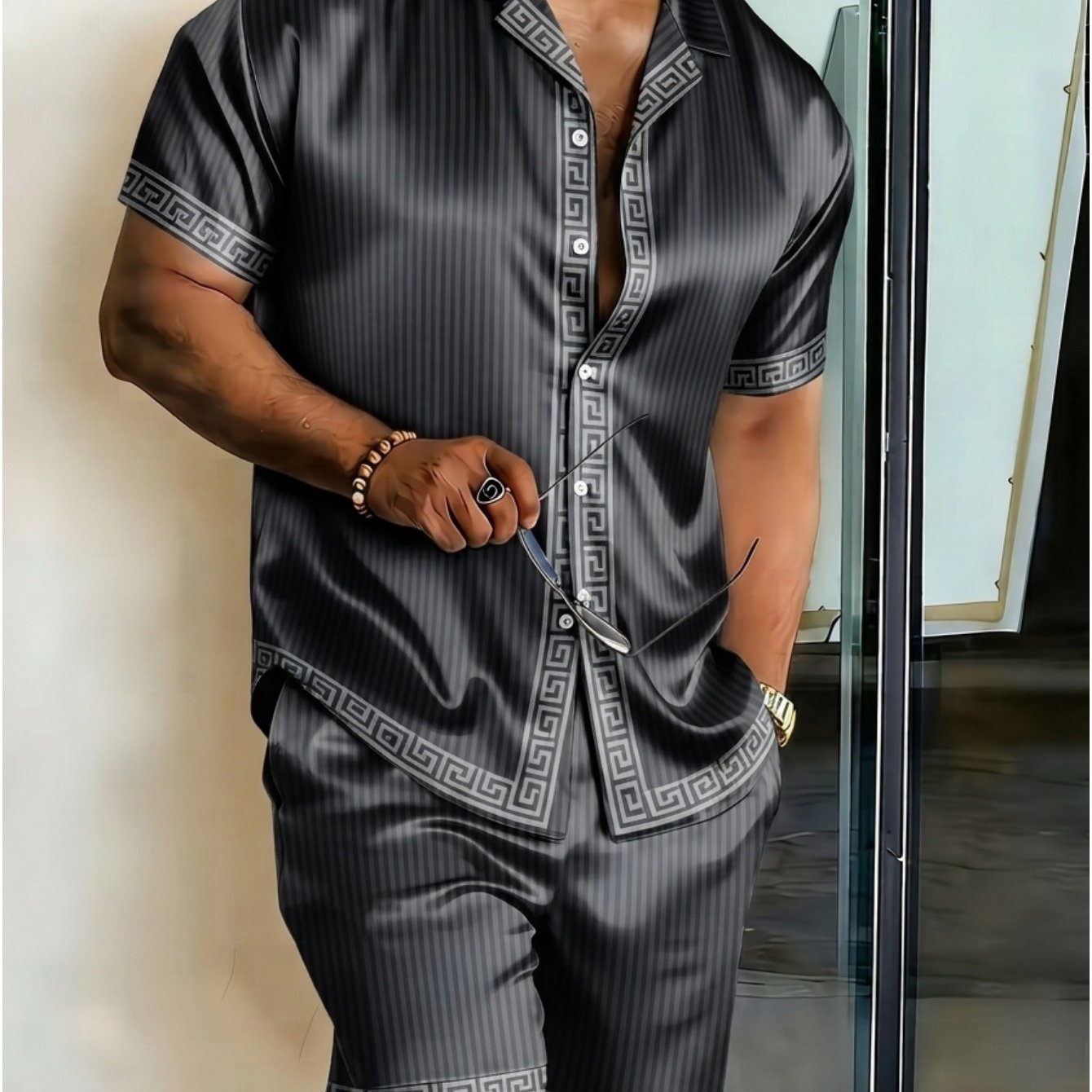 Image of 2pcsmens Short Sleeve Pajama Set In Charcoal Gray With Greek Key Trim Lightweight, Breathable Loungewear For Living Room, Bedroom, Or Use, Ideal Summer Sleepwear Or Gift For Daily Relaxation