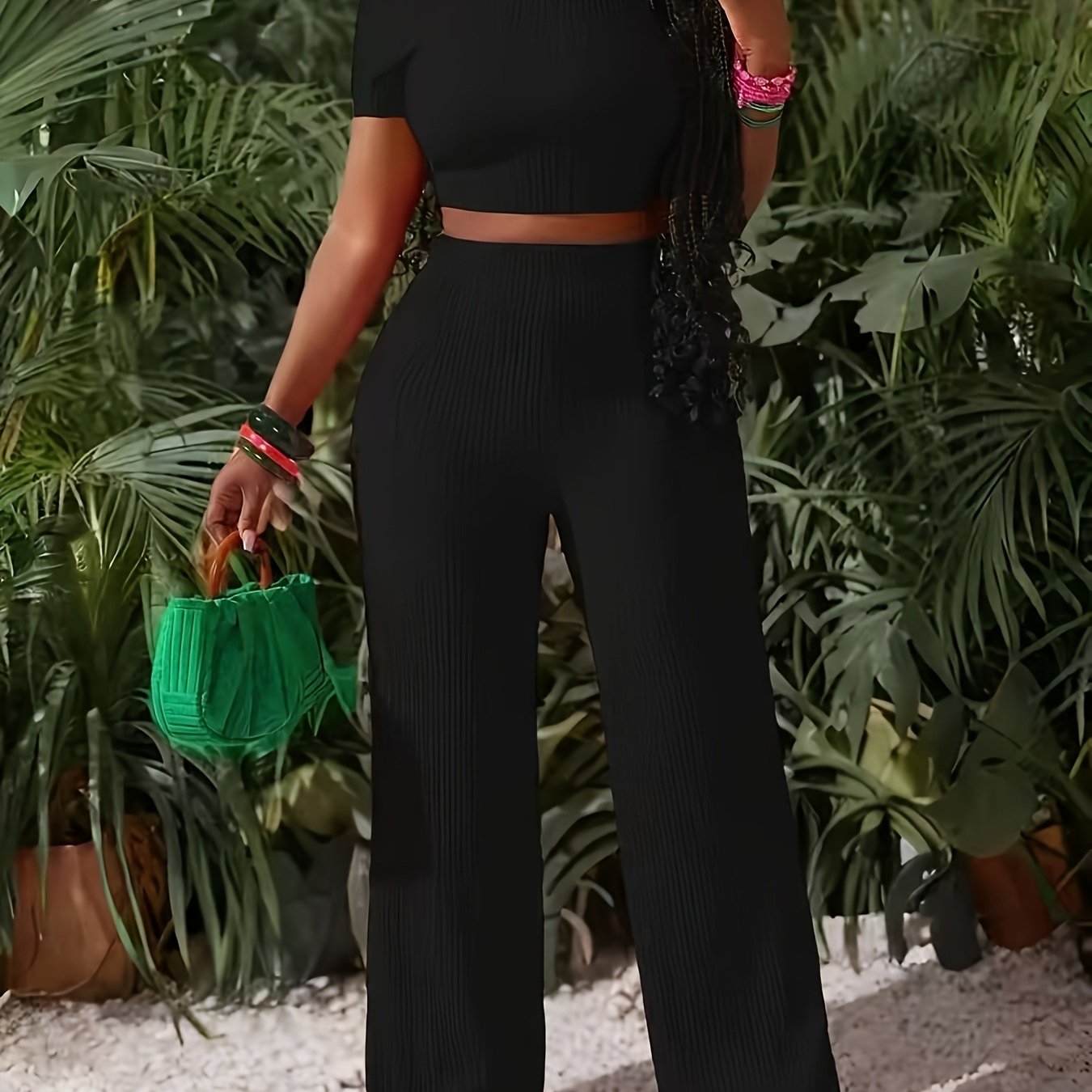 TEMU Ensemble décontracté pour femme : T-shirt court vintage noir texturé à nombril + Pantalon fluide à taille haute et jambes larges
