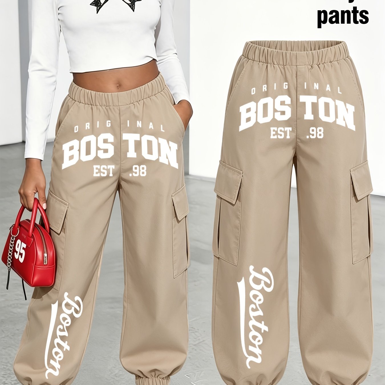 TEMU New Arrival - Women's Cargo Pants Sold Individually, Cute And Fun Patterned Letter Print Work Pants With Multiple Pockets, Featuring Digital