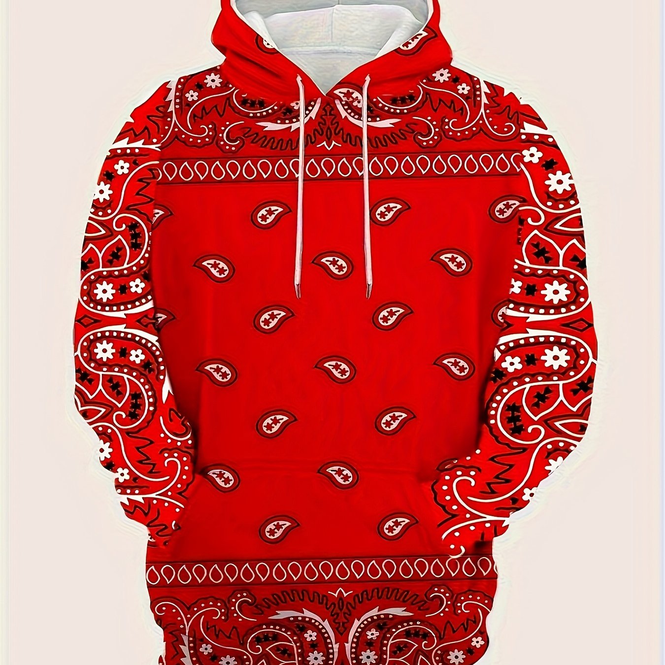 TEMU Men's Red Featuring A White Paisley Pattern - A Casual Long-sleeve Pullover With A Regular Fit, Front Pocket, Drawstring Hood, Relaxed Wear,
