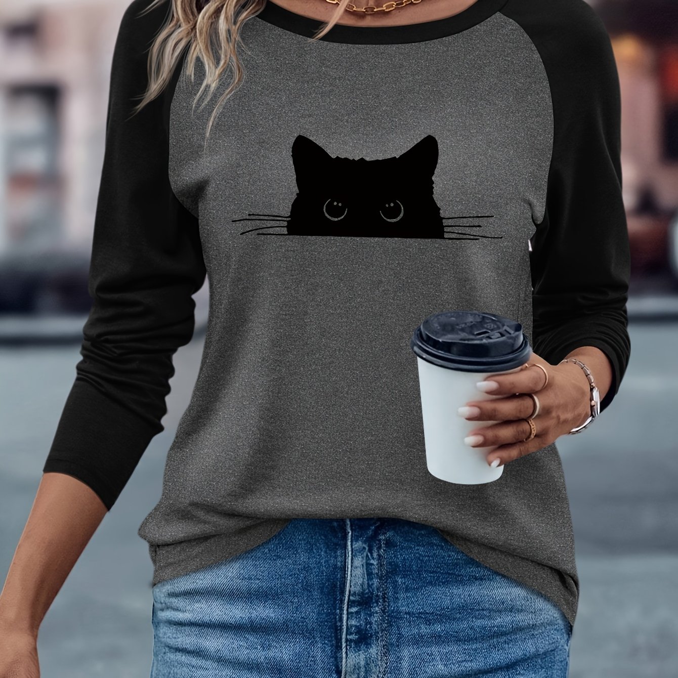 TEMU Top Tricoté Décontracté pour Femmes avec Motif Visage de Chat - Manches Raglan et Col Rond, Tissu Doux à Moyenne Élasticité, Lavable en Machine