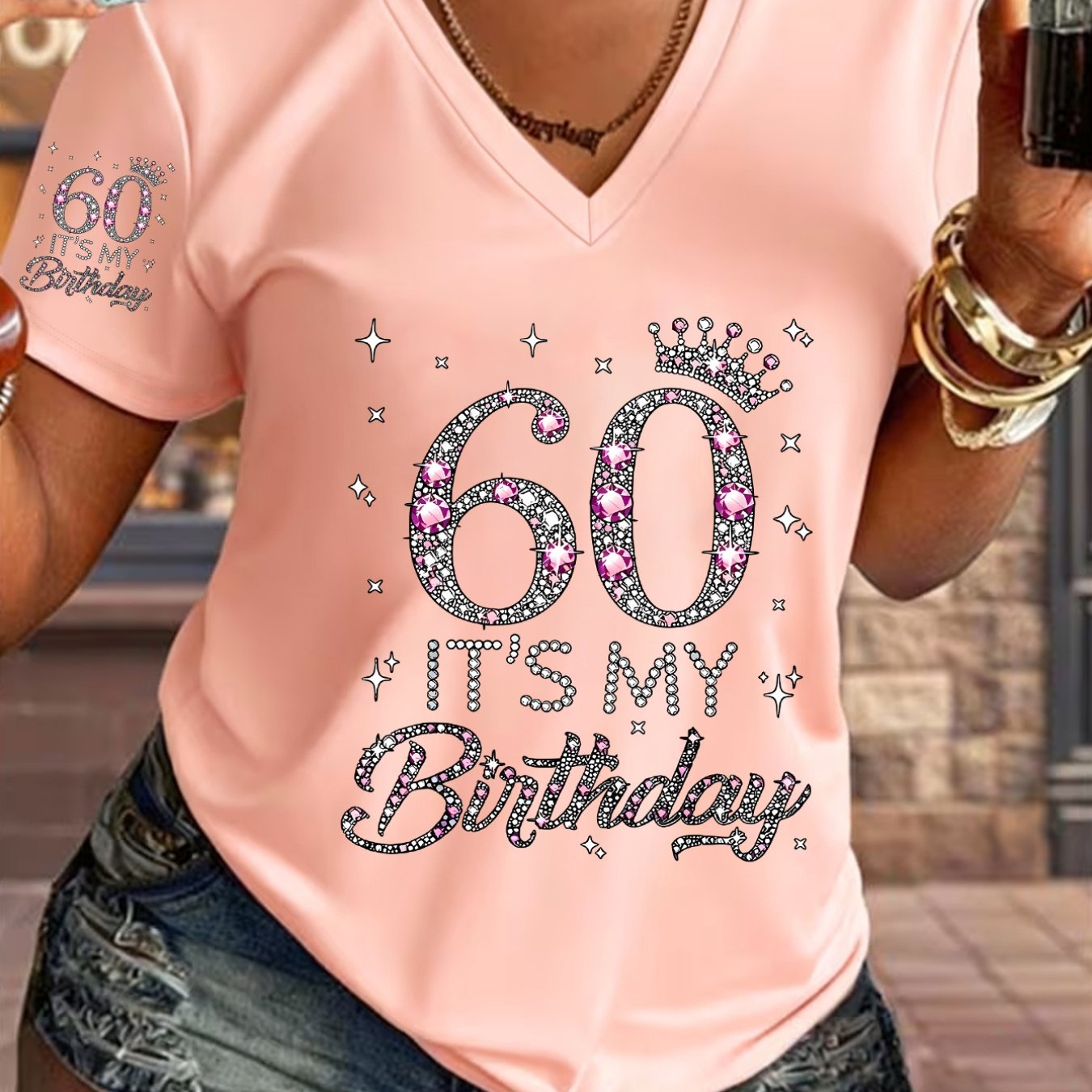 TEMU 1pc Rhinestone 60th Birthday Print V-neck T-shirt Fashionable Design Exudes Elegant Style Summer New Y2k Style Women's Casual Athletic Wear