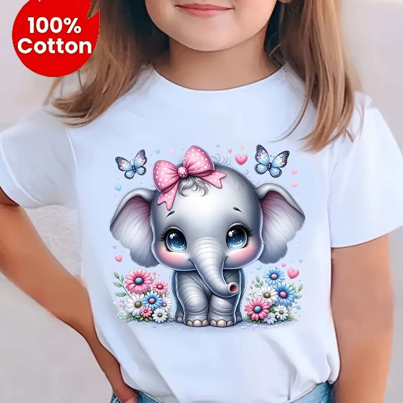 Image of Cute Cartoon Elephant Kids' Crew Neck Short Sleeve T-shirt Casual Cute Boys Girls Children's Pullover