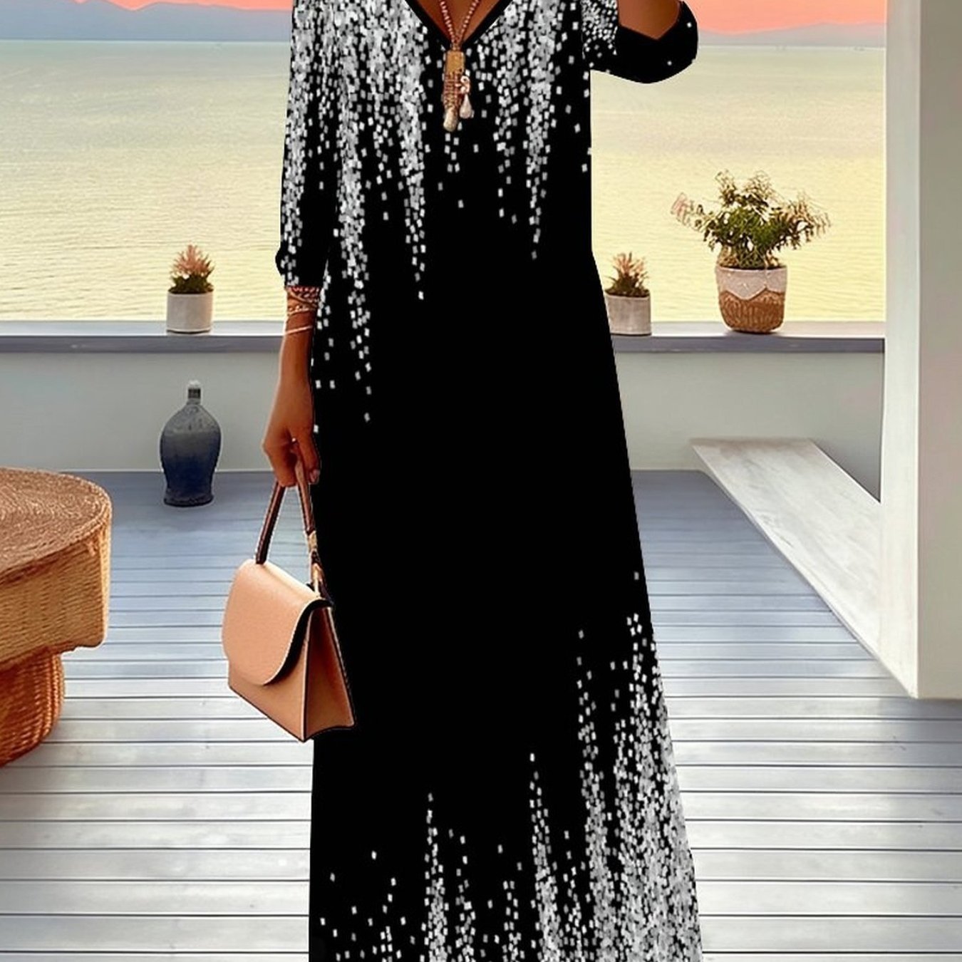 Plus Size, Women's Dress, Women's Plus Size Dress, Floral And , Full Body Print, Party Occasion, Casual Vacation, Elegant Women's Fashion, V-neck, Mid Sleeved Jumpsuit, Long Skirt