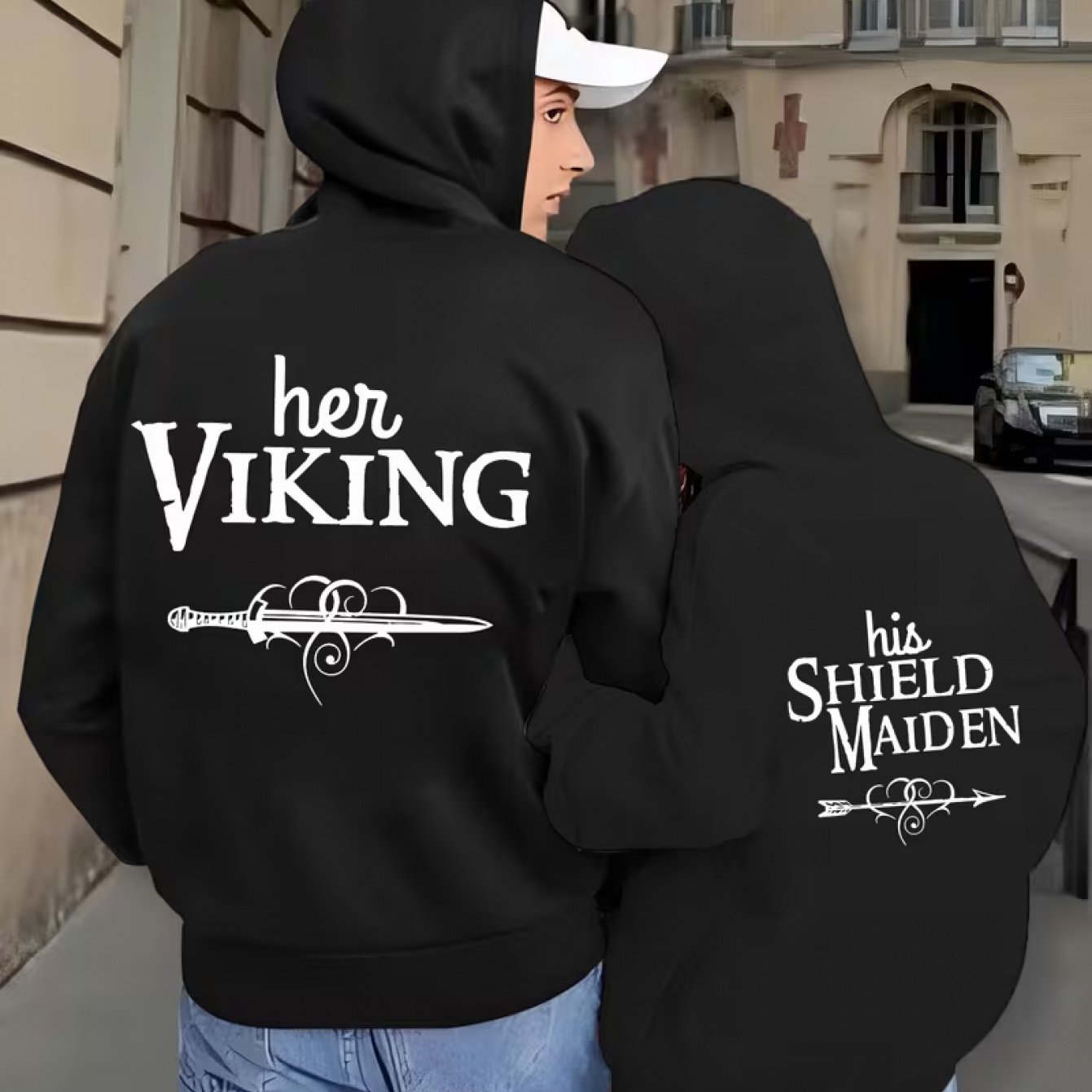 TEMU 2pcs Matching Couple's Hooded Sweatshuits - His & Her Costumes With Sword Art, Zippered Hoodies With Pockets For Themed Parties, Renaissance