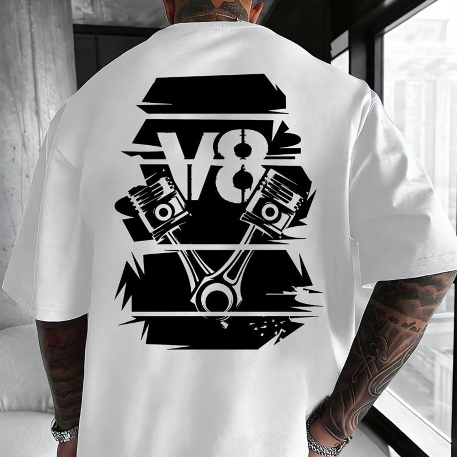 TEMU Men's T-shirt Graphic Tee - Distressed Back Print With V8 Piston, Breathable Loose Neck Short Sleeve Top, Plus Size For Car Enthusiasts,