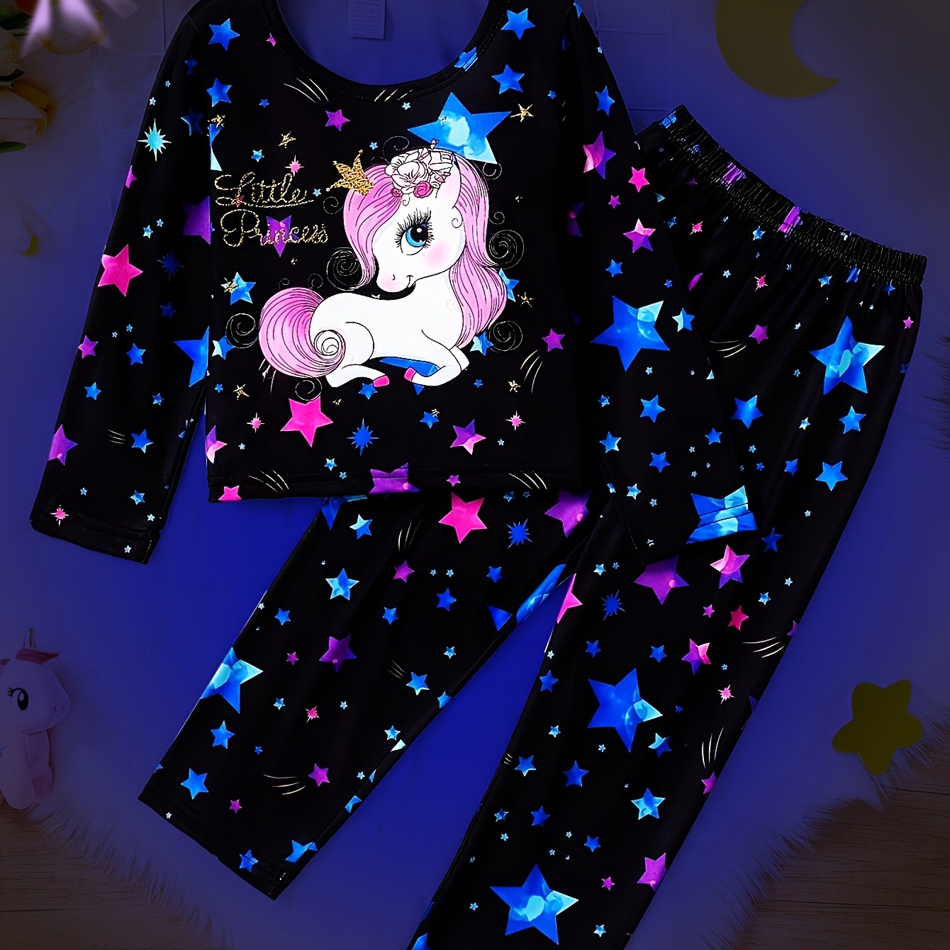 Image of ( Light Tight Size, Mind Taking Larger) 2pcs Girls Luminous Unicorn Star Cute Round Neck Long Sleeve Long Pants Tight Underwear Set