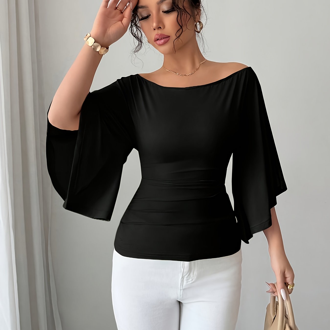 Women's Elegant High-Stretch Solid Black Batwing Sleeve Off-Shoulder/One-Shoulder Tunic Top - Smooth Round Neck Blouse, All-Season Casual & Formal Wear, Hand Washable Regular Fit Shirt with Puff Sleeve Design, Chic Solid Color Fabric for Women, Versatile Casual Attire, Sophisticated Batwing Sleeves, Comfortable Stretchy Fit, Elegant and Stylish Blouse for Casual or Formal Outfits, Formal Blouse for Women, Womens Tshirts