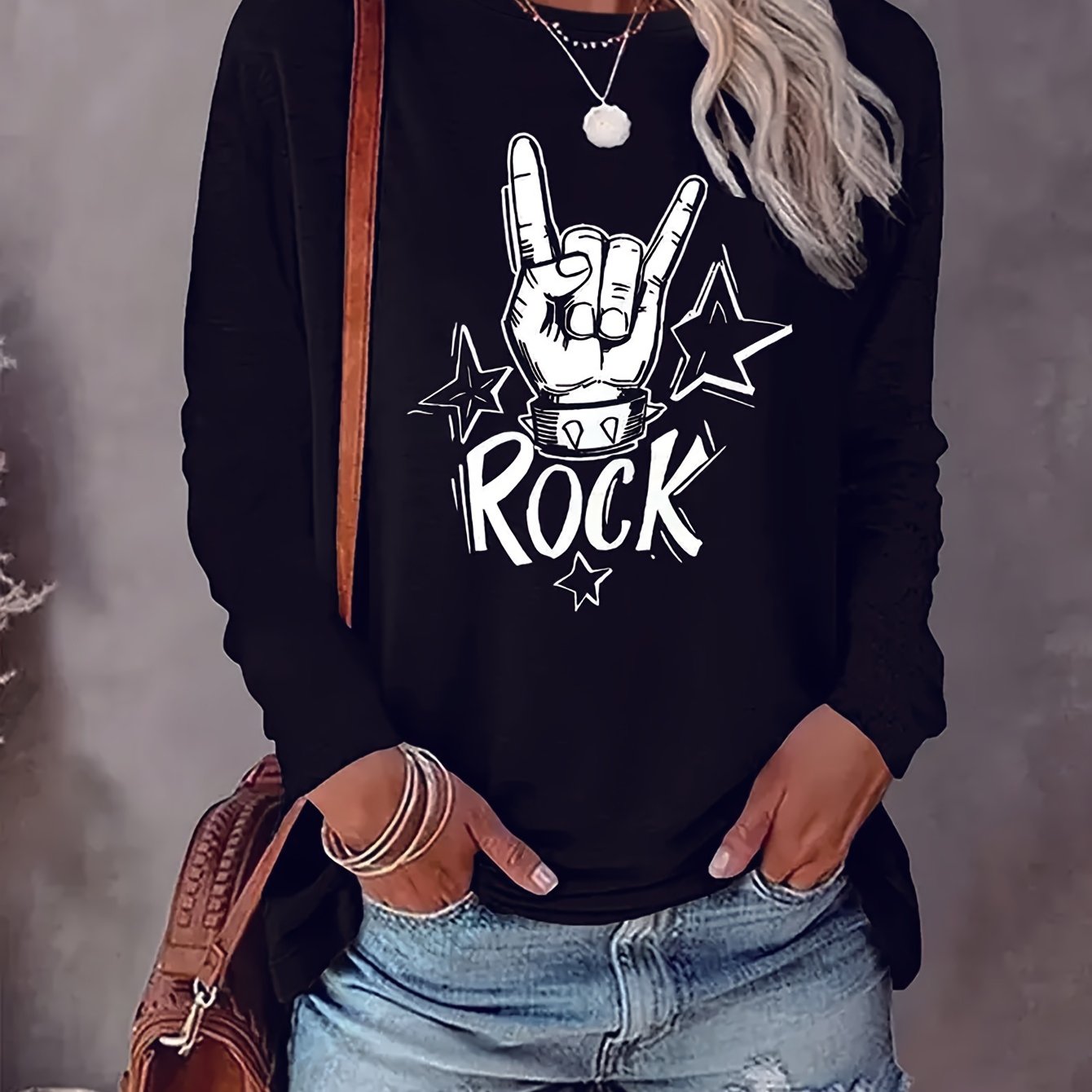 TEMU Camiseta de larga versátil e para mujer con estampado de , elegante cuello y largas para otoño e invierno