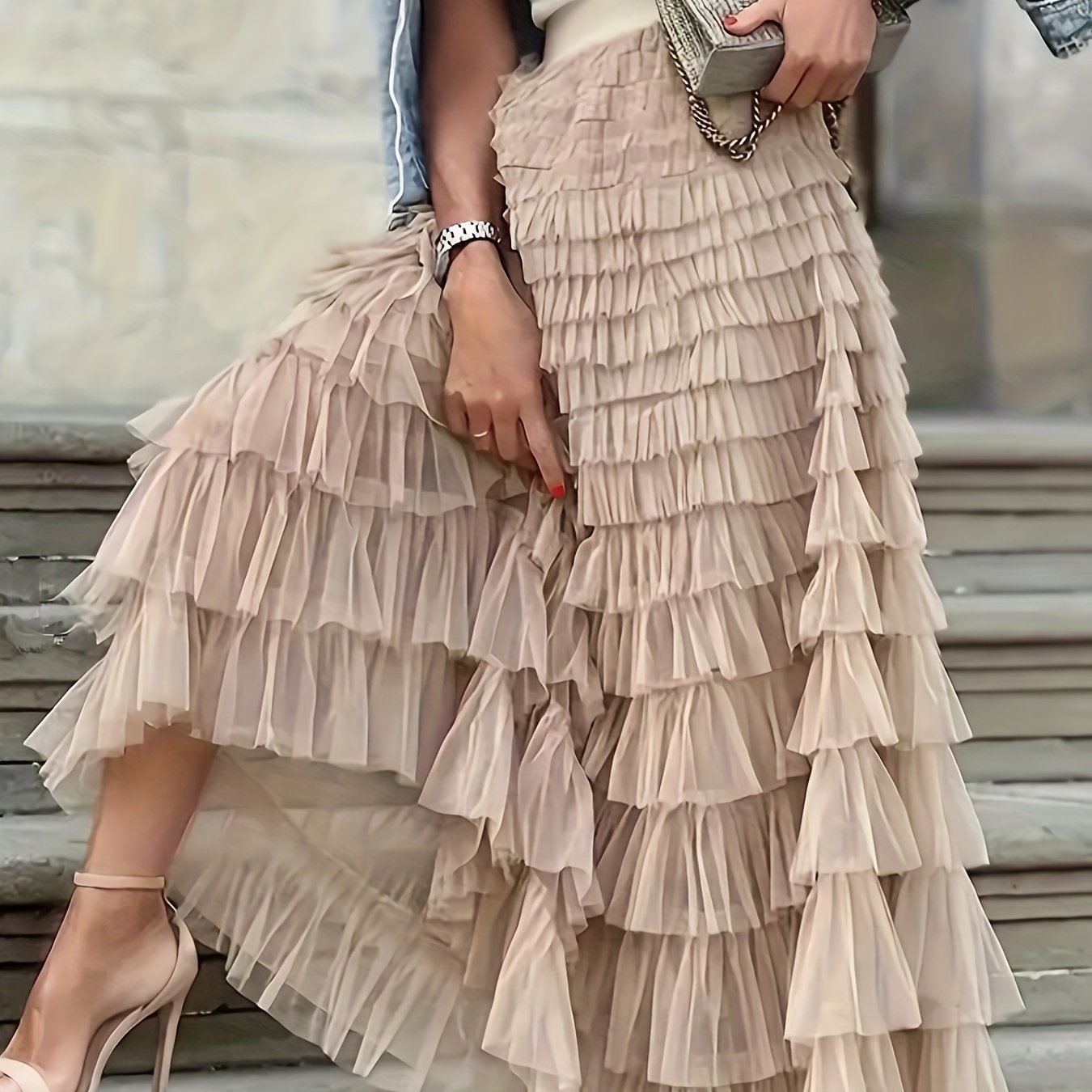 Elegant Mesh Long Cake Skirt With Elastic Waist