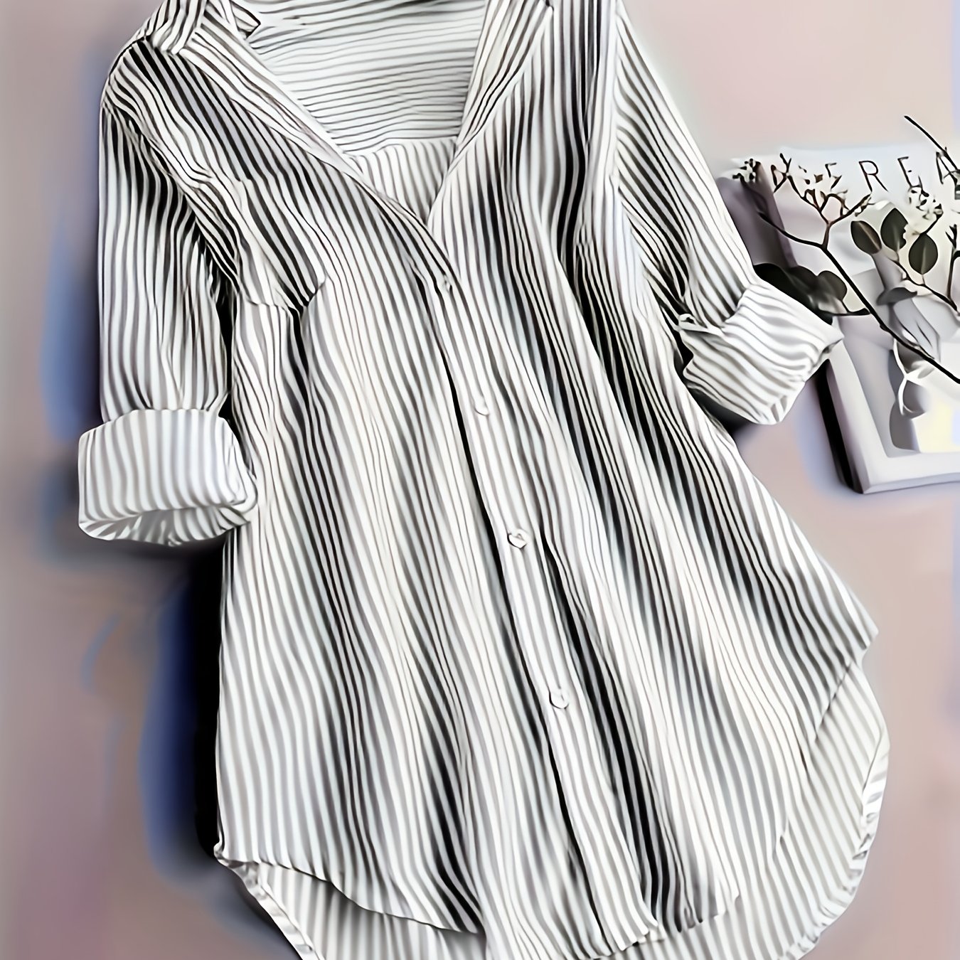 E-shop Damen Elegantes Gestreiftes Hemd Langarm Bluse mit Umlegekragen Tasche