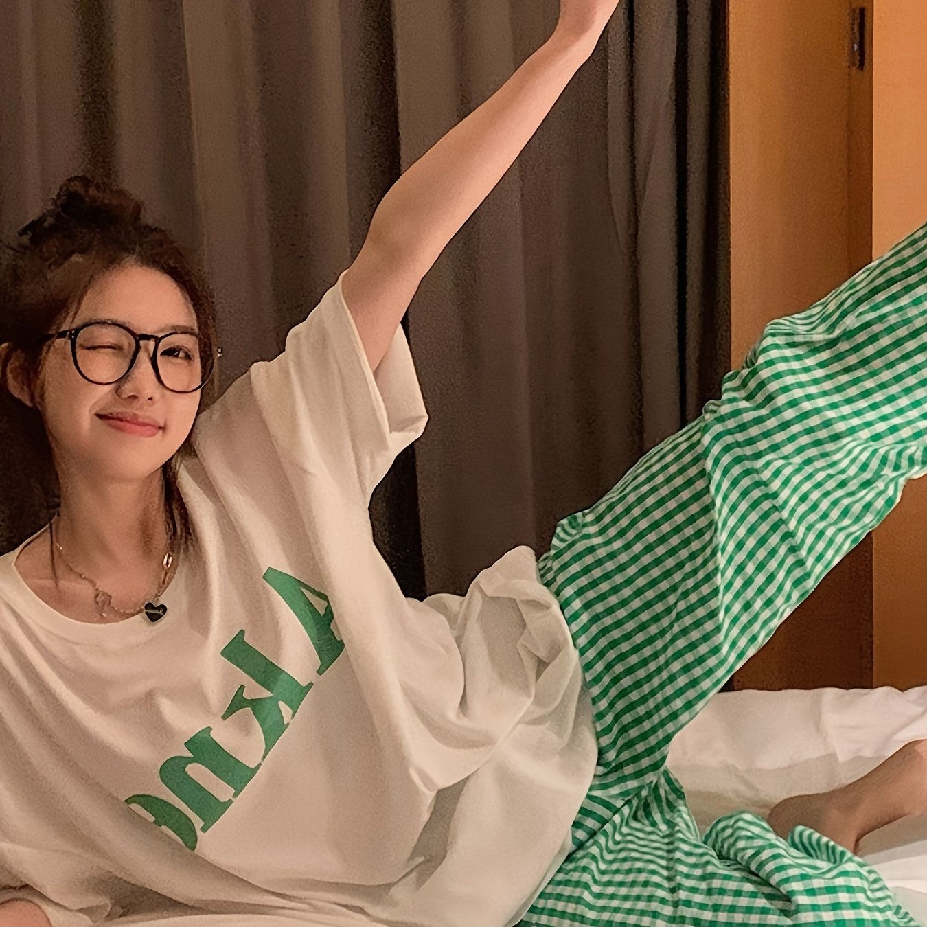 TEMU 여성용 파자마 세트 반팔 체크무늬 긴 바지 여름용 얇은 겉옷 모기 방지 귀여운 캐주얼 홈웨어 투피스 세트