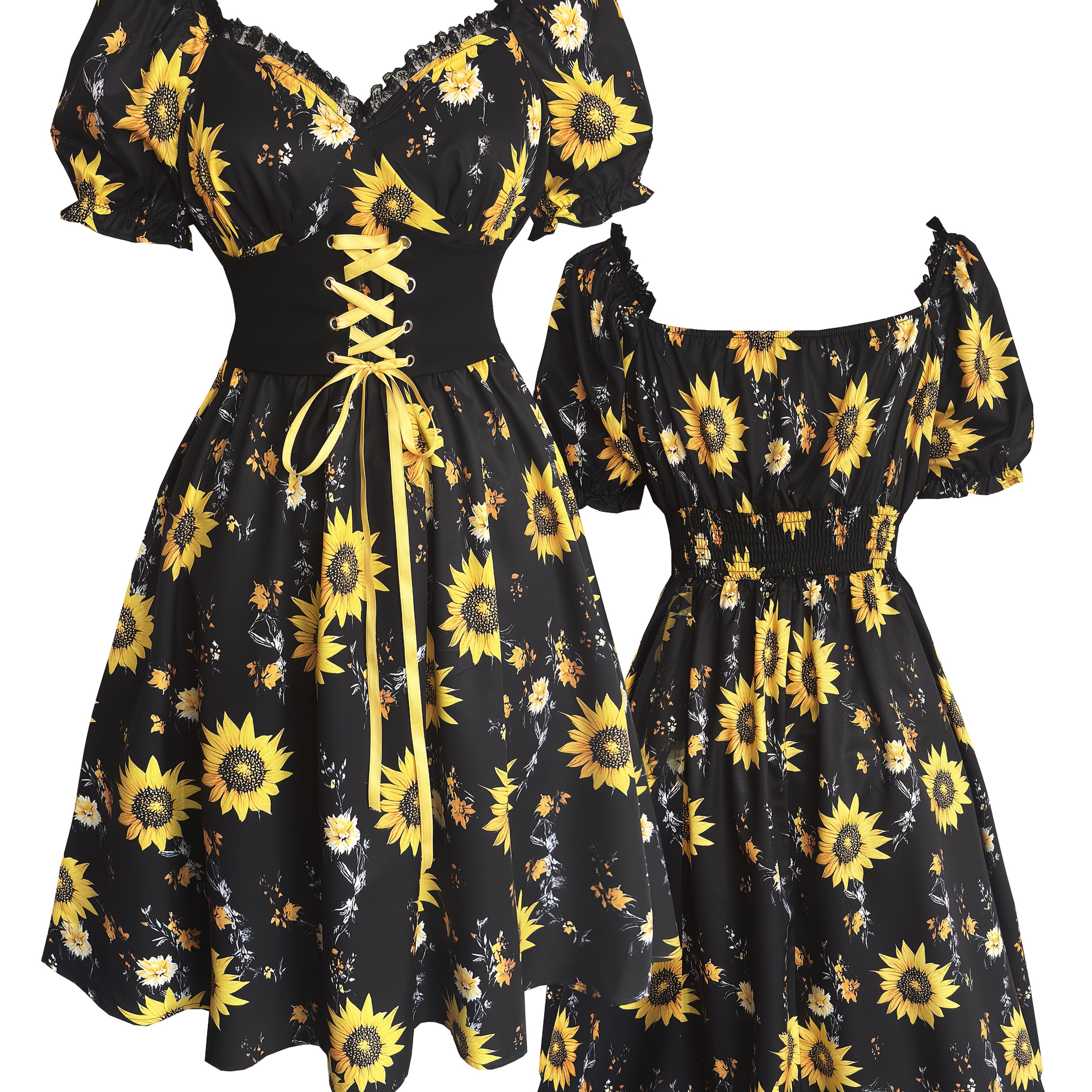 TEMU Women's Vintage Sunflower Print -line Dress With Elastic Waist - Short Sleeve Square Neck Knee-length Dress Suitable For Beach Vacation, Summer