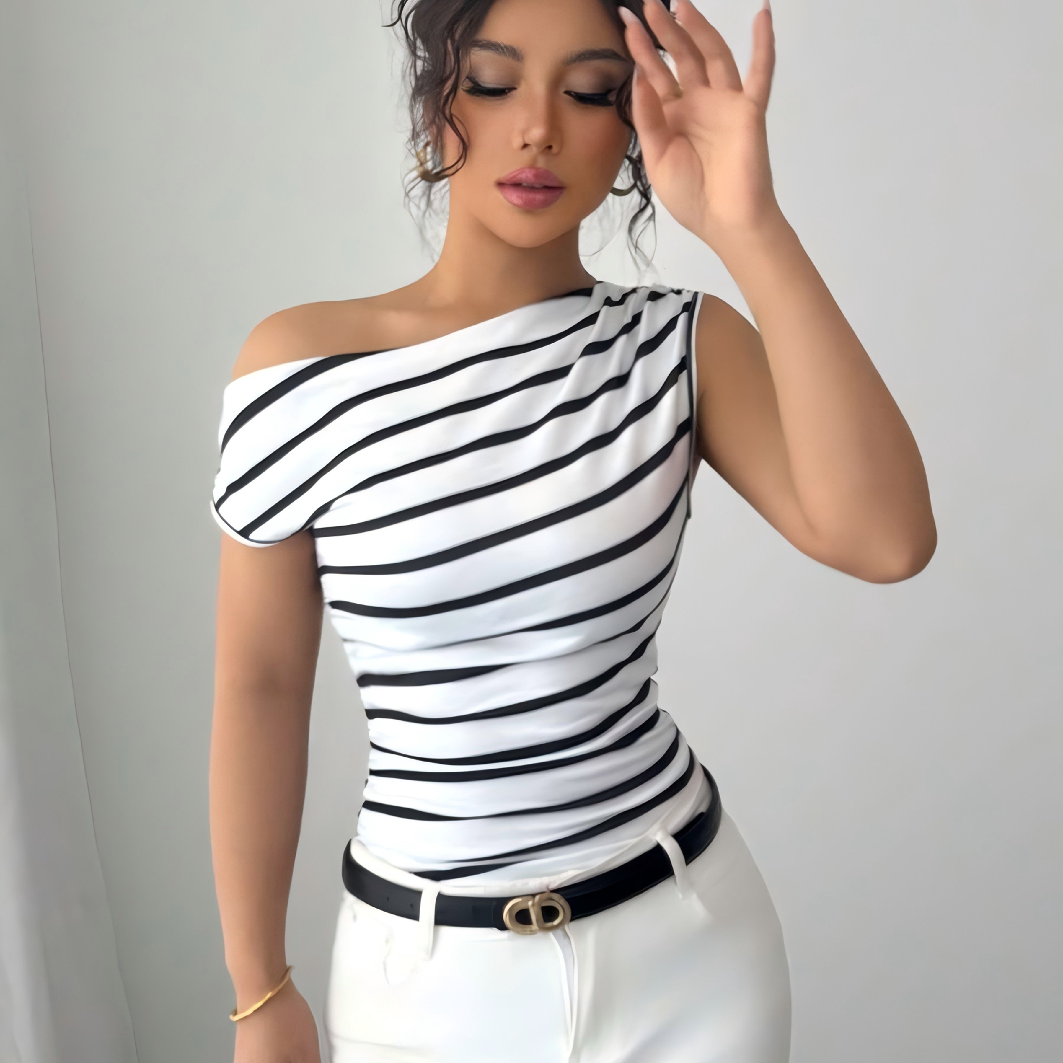 Image of Fashion Casual Summer New Women's Casual Striped Asymmetrical Neck T-shirt