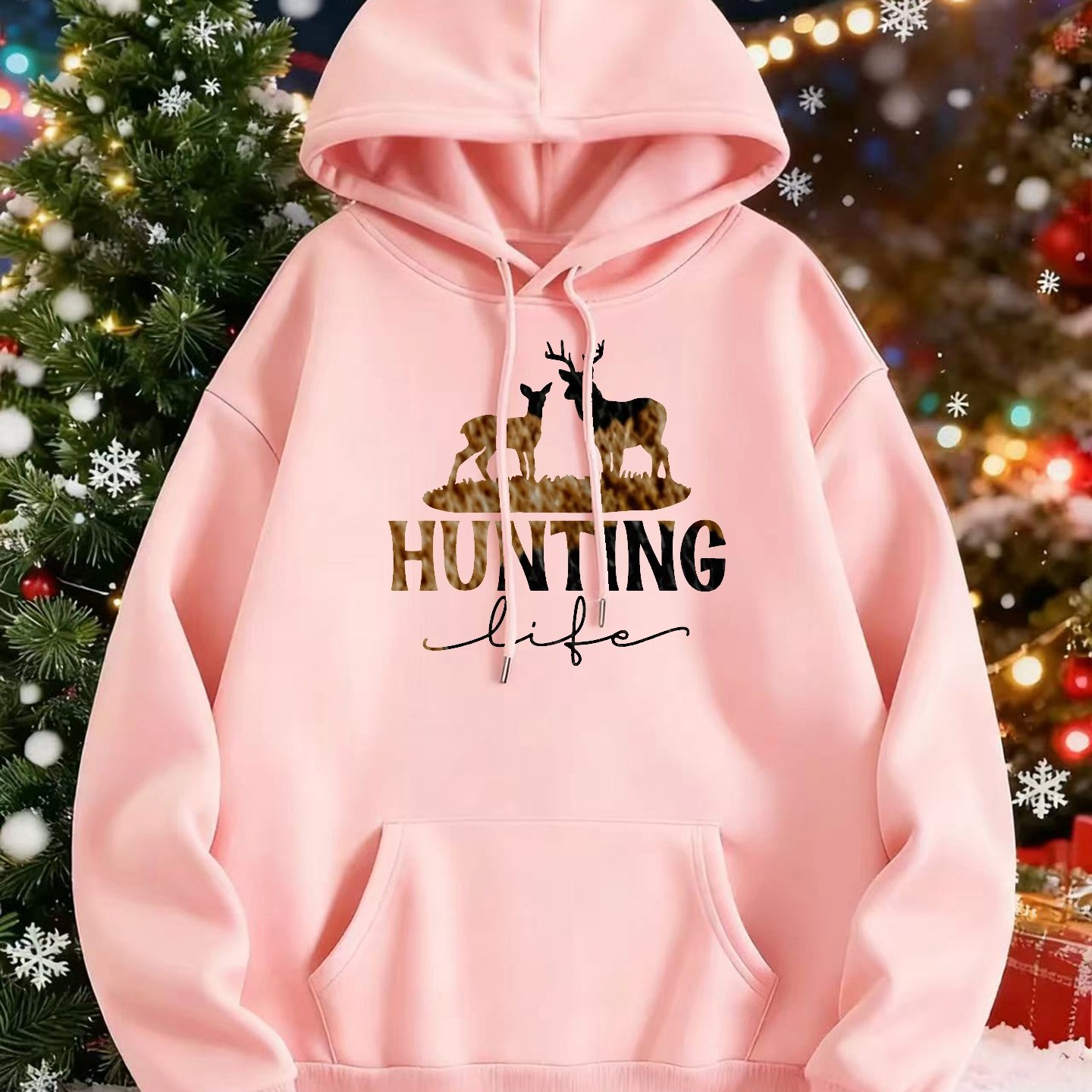 TEMU Women's Thick Fleece Hooded Sweatshirt - Hunting Life Graphic Print With Deer & Hunting Theme, , Casual Pullover Hoodie For Hunting Enthusiasts,