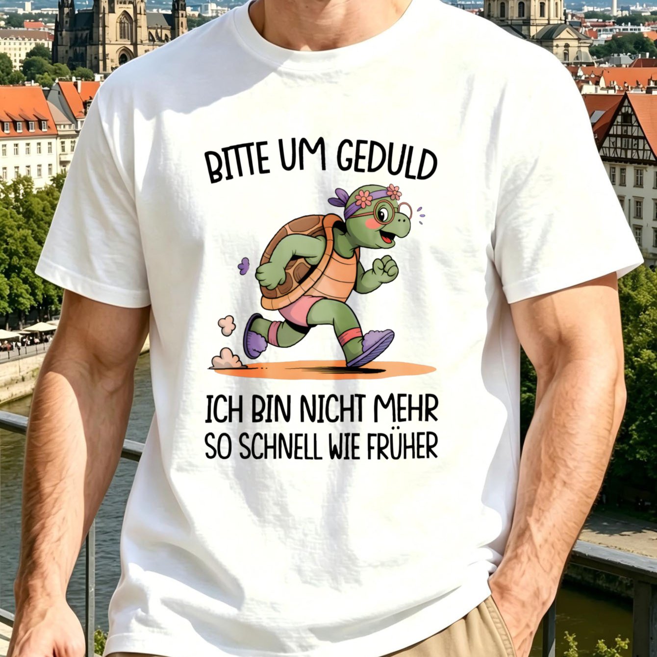 Please I Am As I Used To Be Graphic T-shirt Funny Running Turtle Design With German Aging Humor Quote Men's T-shirt