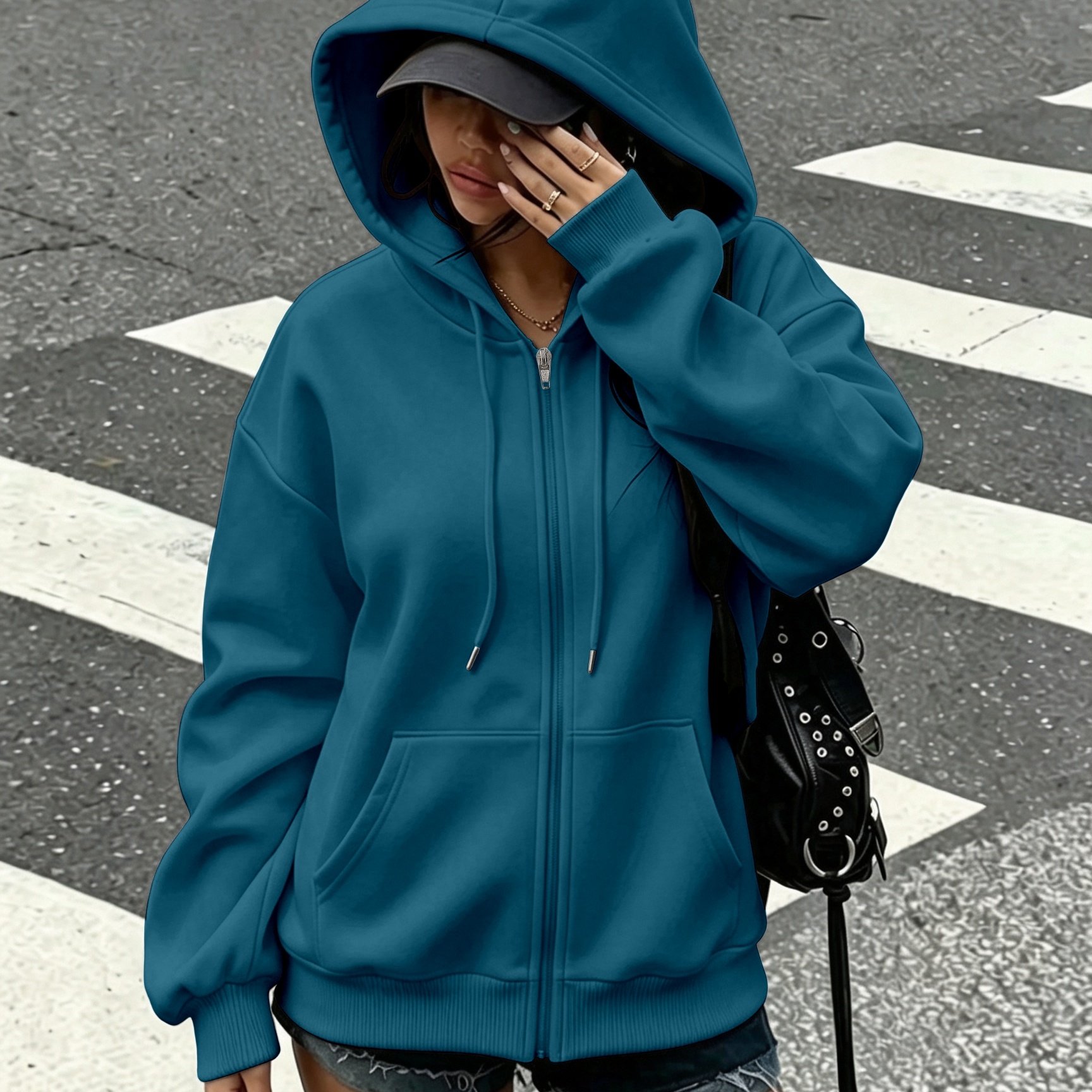 TEMU Neue Damen-Mode im europäischen amerikanischen Stil, einfarbiger, locker geschnittener Kapuzenpullover mit Kordelzug Reißverschluss,