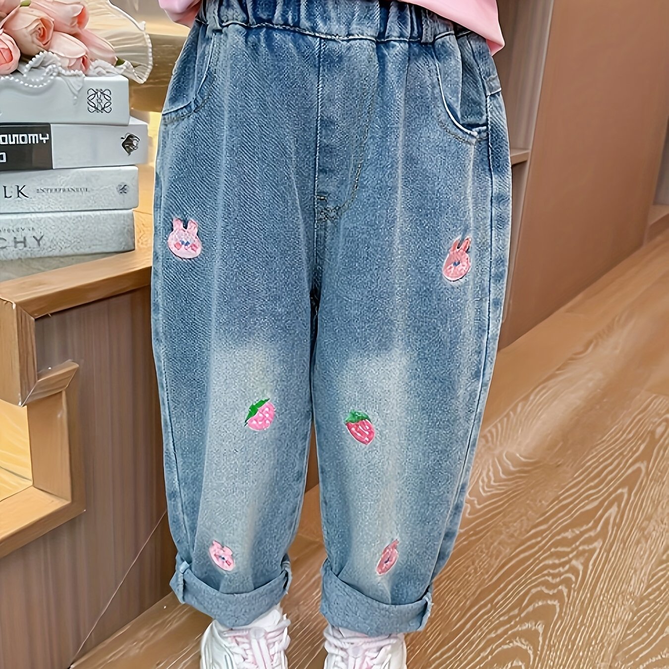 Image of Girls' Denim Autumn Style Embroidered Strawberry Loose Small And Medium-sized Korean Version Outer Wear Fashionable Style Loose Pants