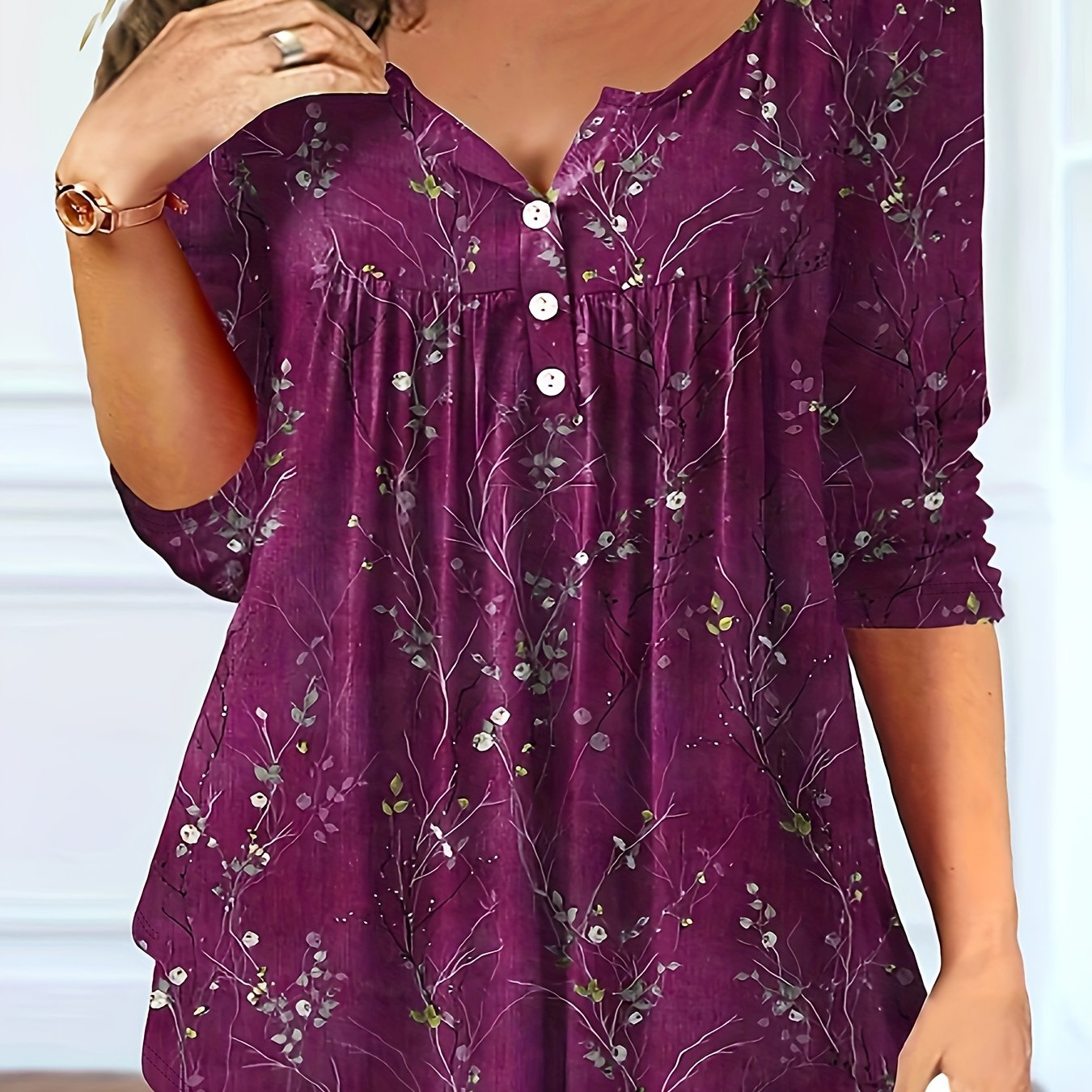 Plus Size - Plus Size - Plus Size Random Print Button-up T-shirt