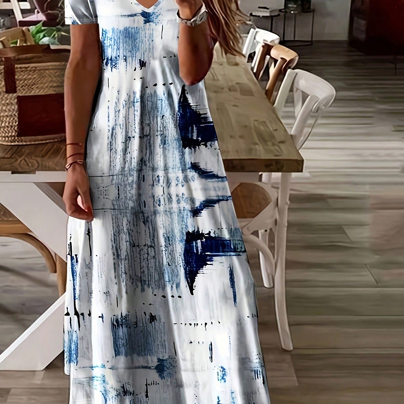 Image of Women' Elegant -line Short Sleeve -neck Dress - Full-body Print With Short Sleeves, -neck & -line Silhouette - Machine Washable - Wedding Guest Dress For Women Suitable For Wear