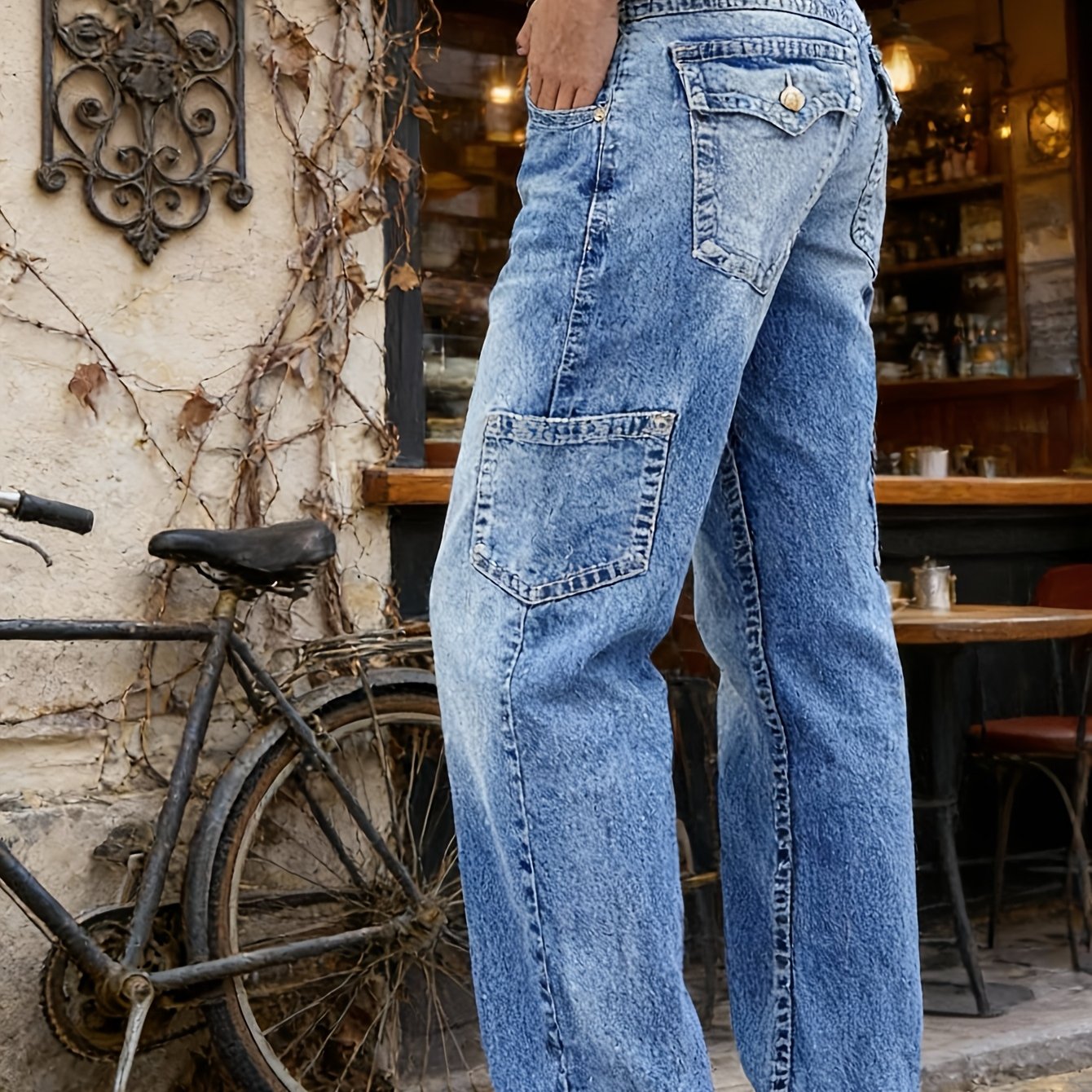 Image of [women's Fashion]women's Retro Street Casual Denim Pants, Loose Straight Pants, Elastic Mid-waist, Distressed Washed Denim- Machine Washable, Versatile, Suitable For
