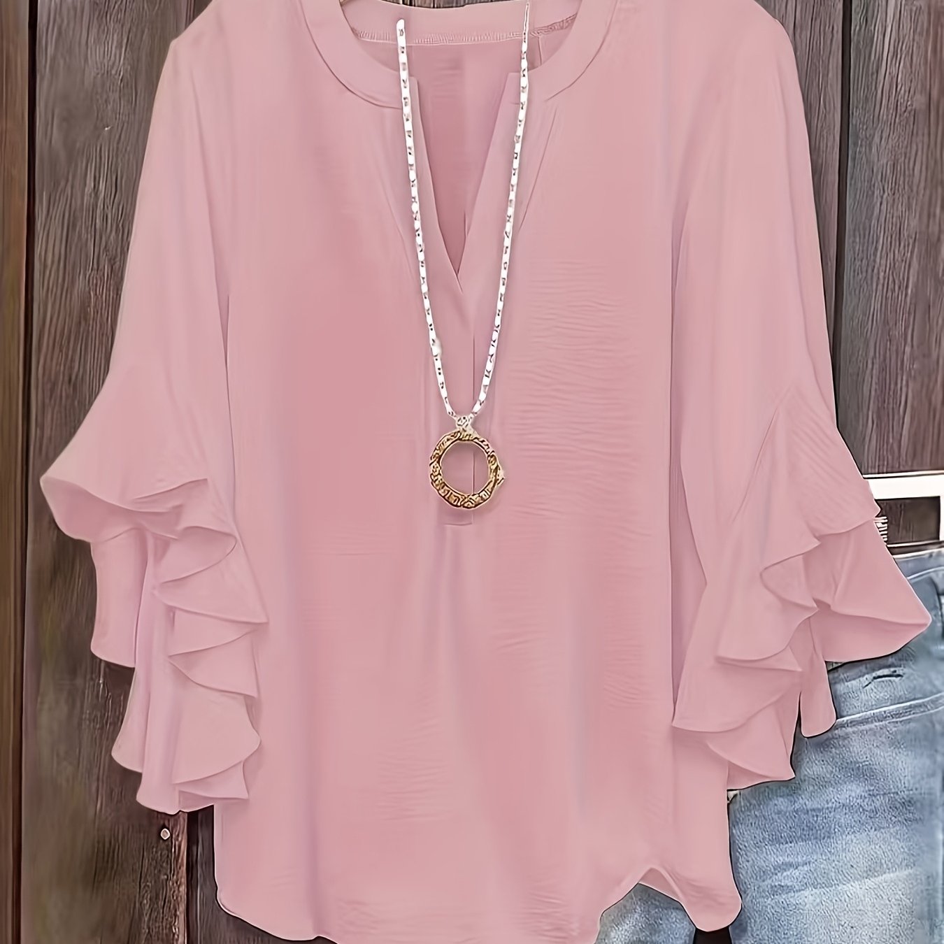 E-shop Plus Size - Plus Size - Plus Size Damen Rüschen Dreiviertelärmel Top, Einfarbige Mode Lässige Locker Geschnittene V-Ausschnitt Business Bluse