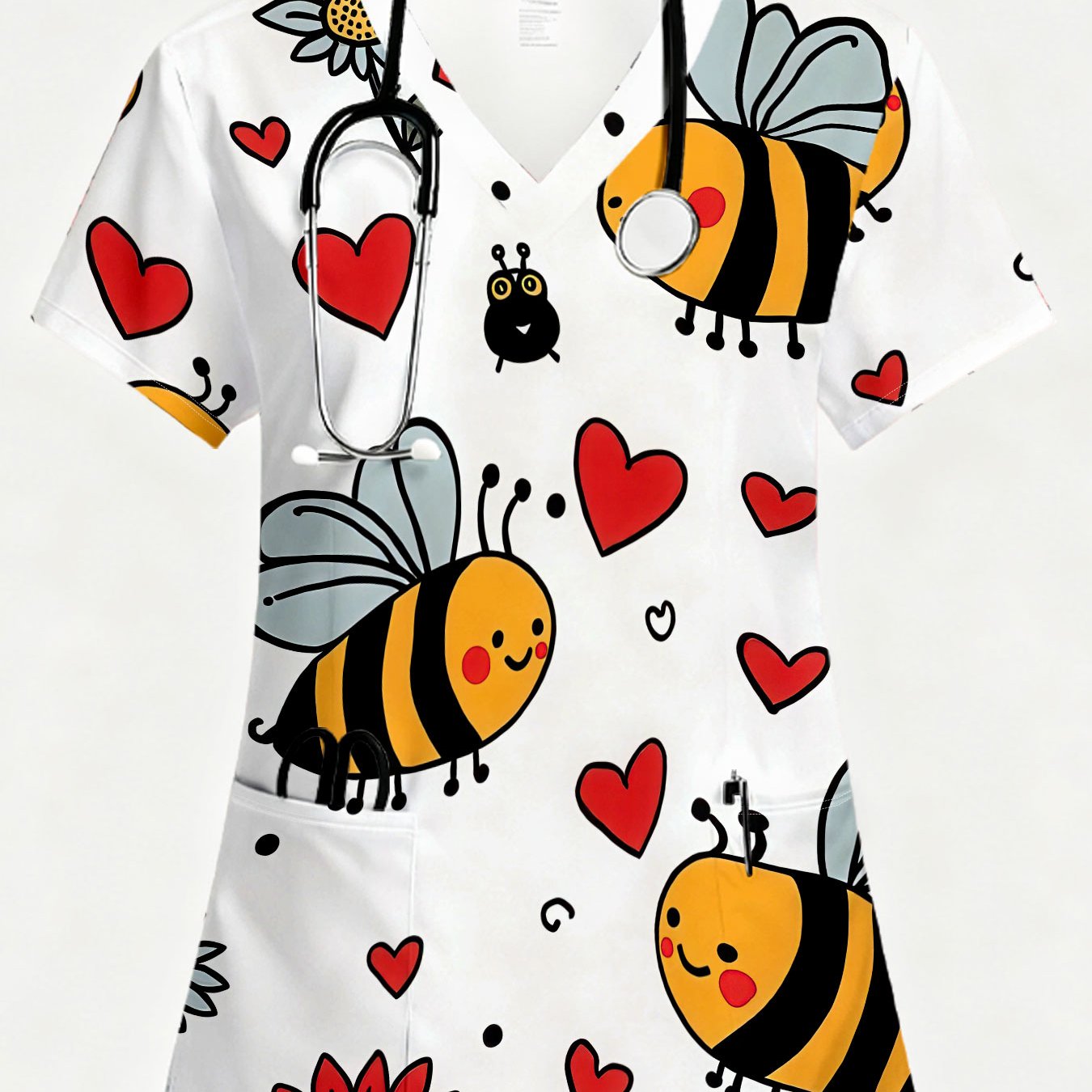 E-shop Elegantes Damen-Krankenschwester-Uniform V-Ausschnitt Kurzarm-Top, Cartoon Bienen-Blumen-Herz--Stil, Bequeme Krankenpflege-Arbeitskleidung mit 2