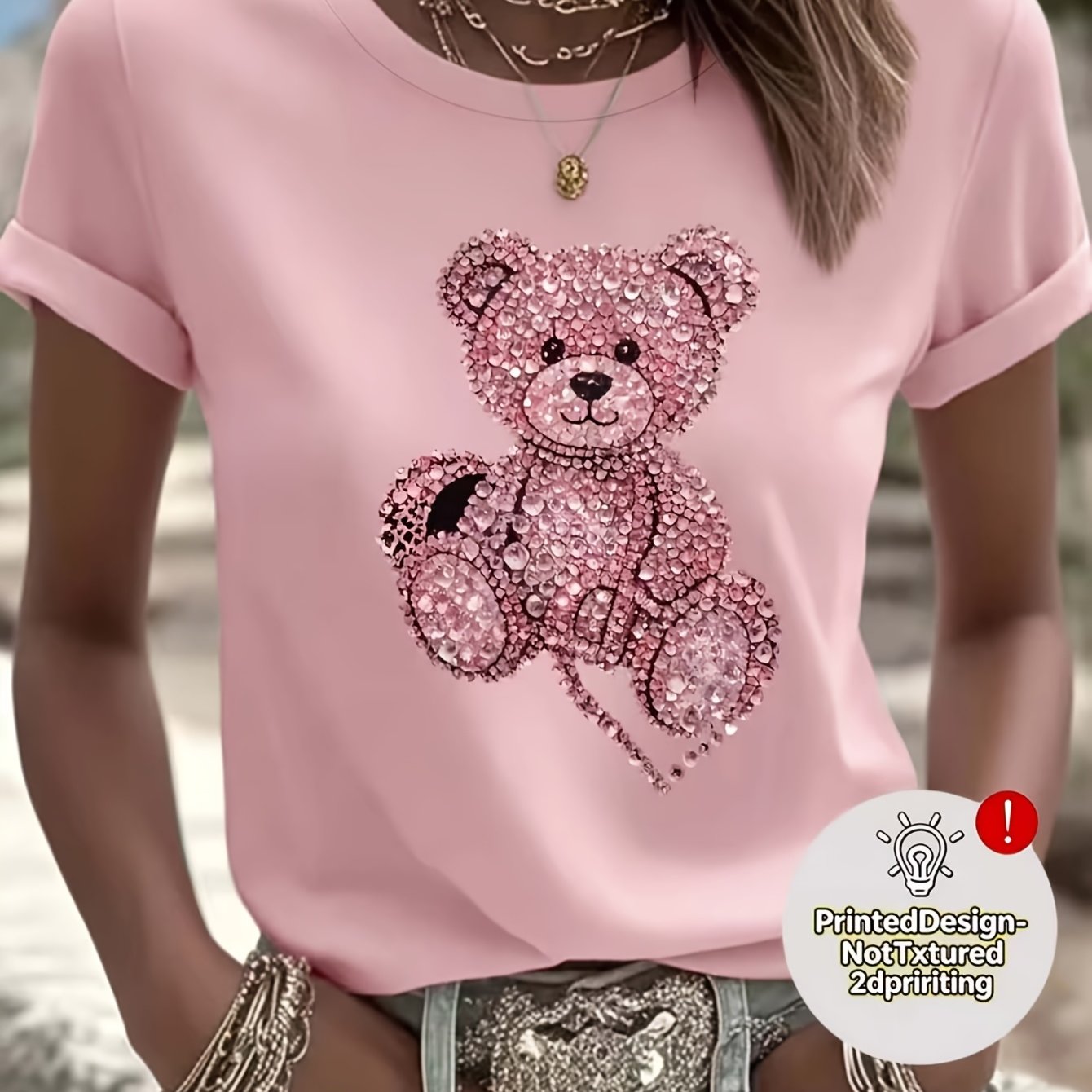 TEMU Glitter Rhinestone Style Sitting Teddy Bear And Heart Printed Short Sleeve Crew Neck T-shirt, Cute Sweet Girly Shiny Crystal Animal Aesthetic