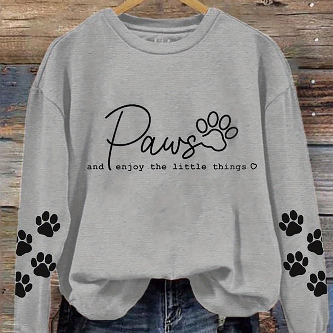 TEMU Cozy Paw Print Crew Neck Sweatshirt For Women - Casual Long Sleeve Pullover, Perfect For Fall & Winter