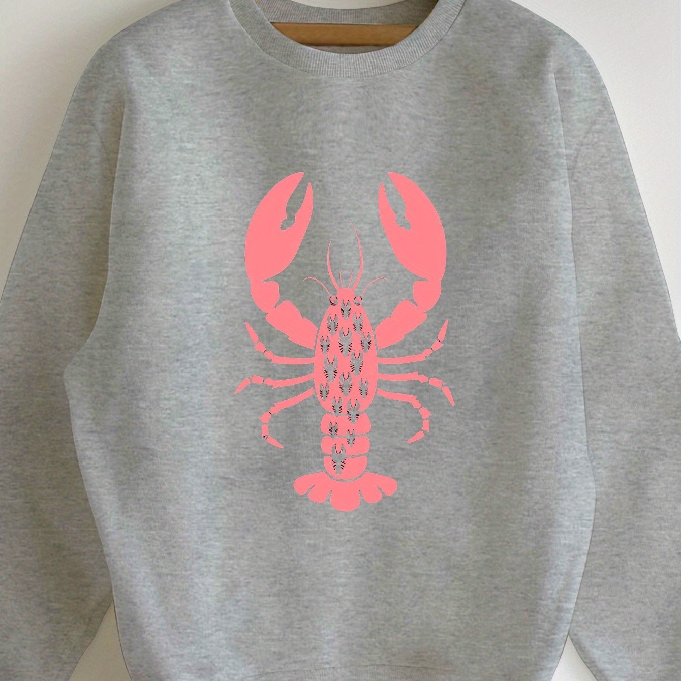 TEMU Women's Casual Crew Neck Sweatshirt With Large Pink Lobster Graphic Print - Relaxed Fit, Machine Washable, Fall & Spring Essential, Stylish