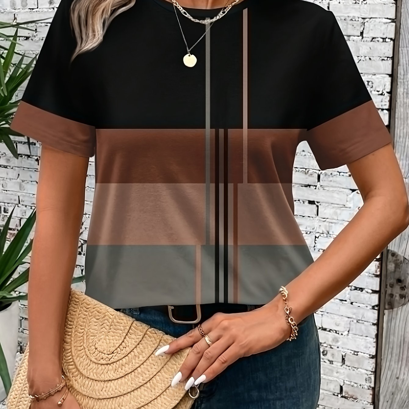 TEMU 2025 New Women's Casual Short-sleeve T-shirt - Lightweight, Breathable, Machine Washable, Featuring A Plaid Striped Round Neck, Designed For A