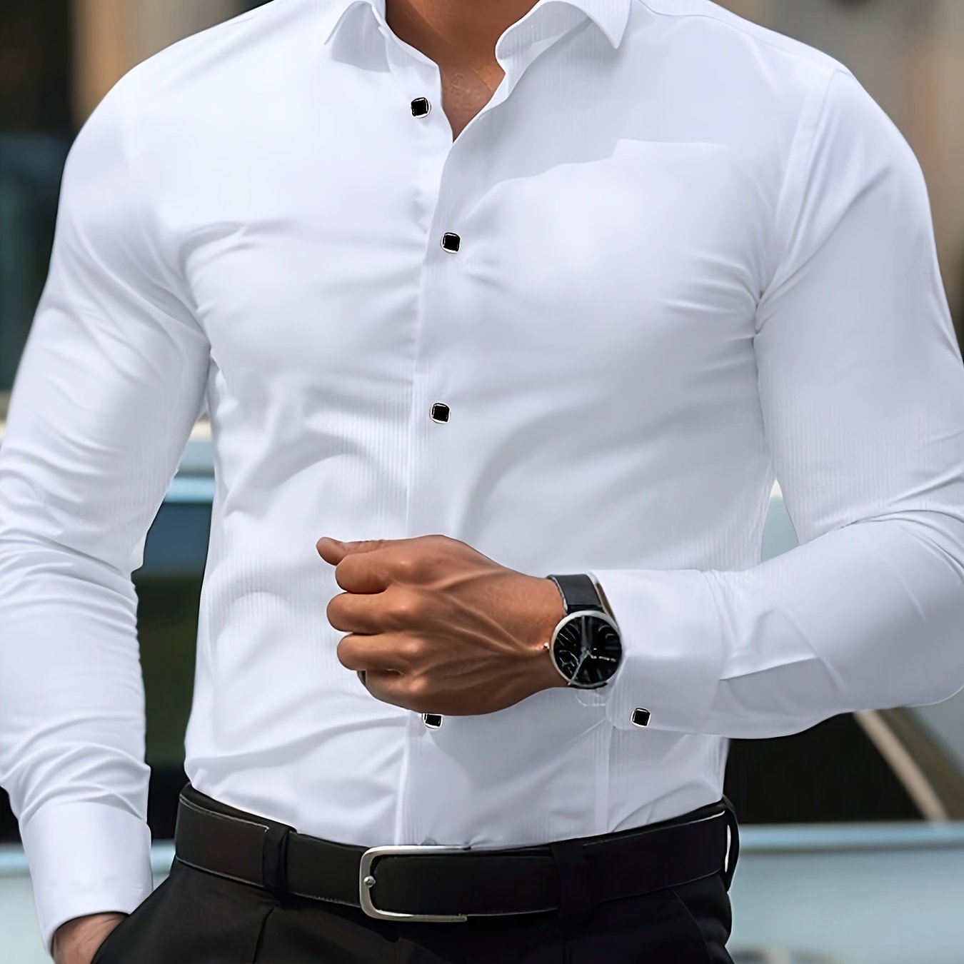 Men's Elegant Long Sleeve Button-up Shirt Slim Fit, Lightweight Polyester Fabric, Perfect For Casual Or Dressy Occasions, Versatile Shirt | Sophisticated Style | Smooth Texture