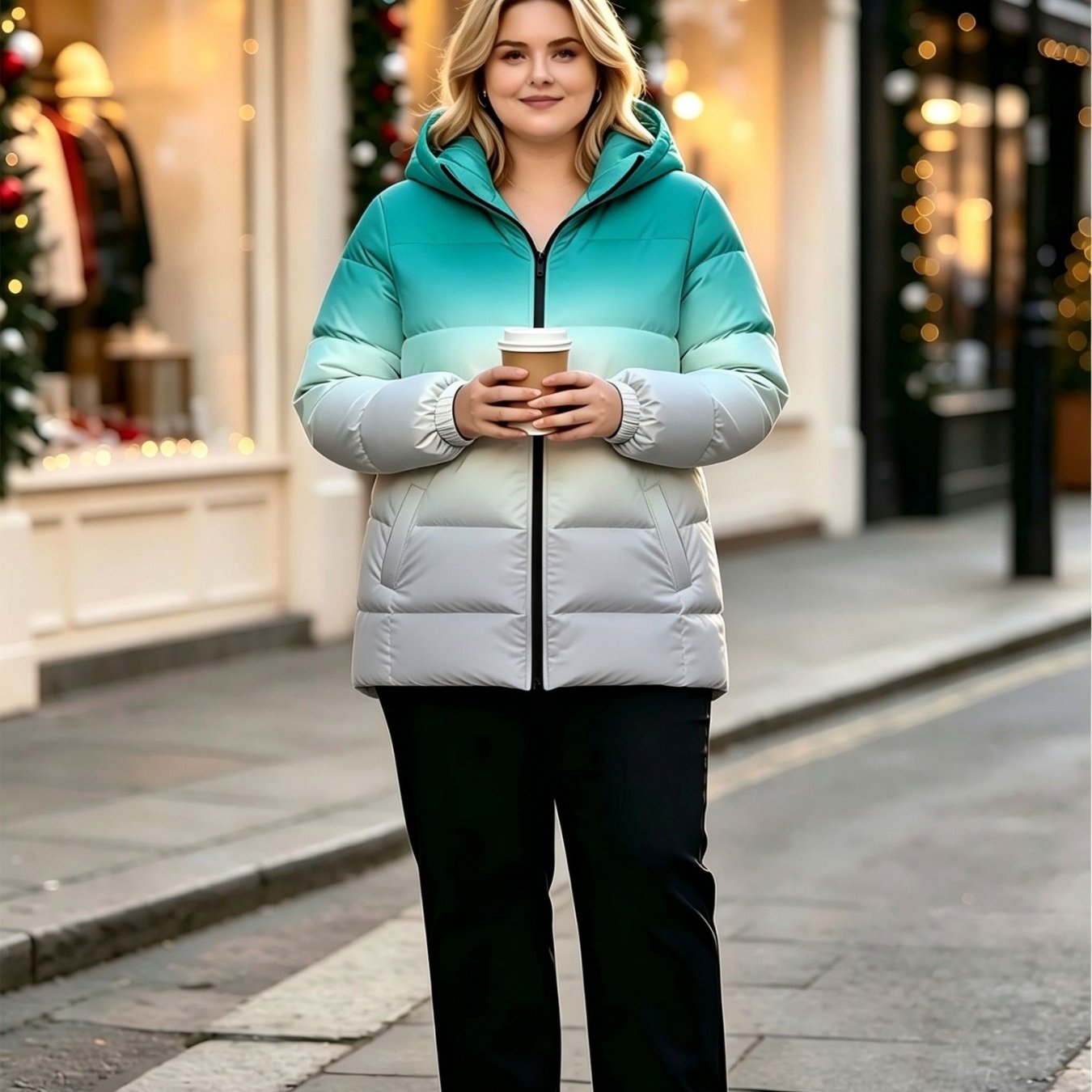Image of Plus Size - Plus-size Women's Fall/winter Hooded Warm Jacket With Zipper, Quilted Design, And Pockets - Loose Fit, Casual Coat Ideal For Daily And Outdoor ; Gift For Christmas And Halloween