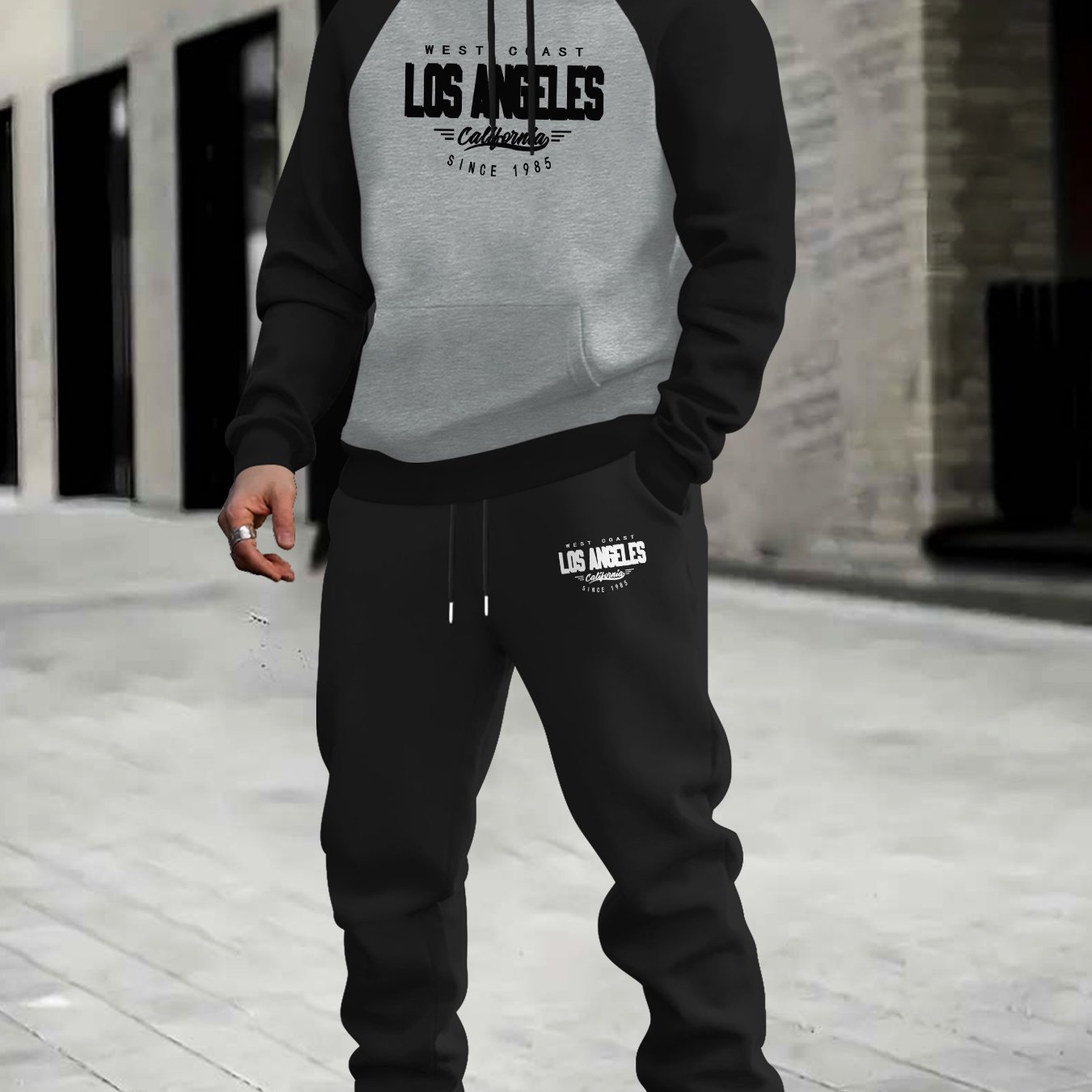 TEMU Los Angeles-inspired Men's Casual Sportswear Set - Thick, Color Block Hoodie & Joggers With Drawstring Waist, Machine Washable