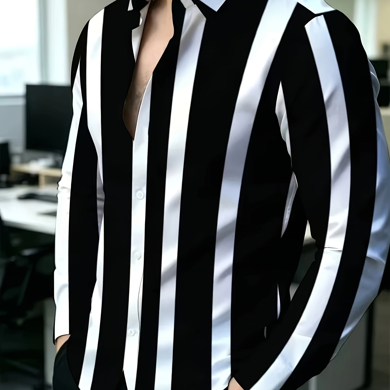 TEMU Old Money Outfits Men's Black And White Vertical Stripe Slim Fit Long Sleeve Shirt, Suitable For Business Casual, Daily , Banquets, And