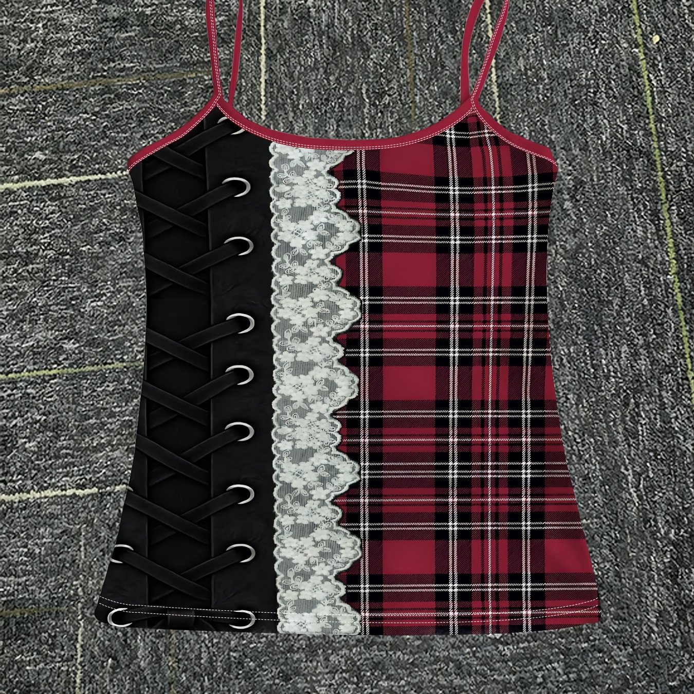 TEMU Red And Black Lace Suspender Vest, Women's Slim And Sleeveless Top, Fashionable Retro , Multiple Colors Optional, Easy And Versatile Daily Wear
