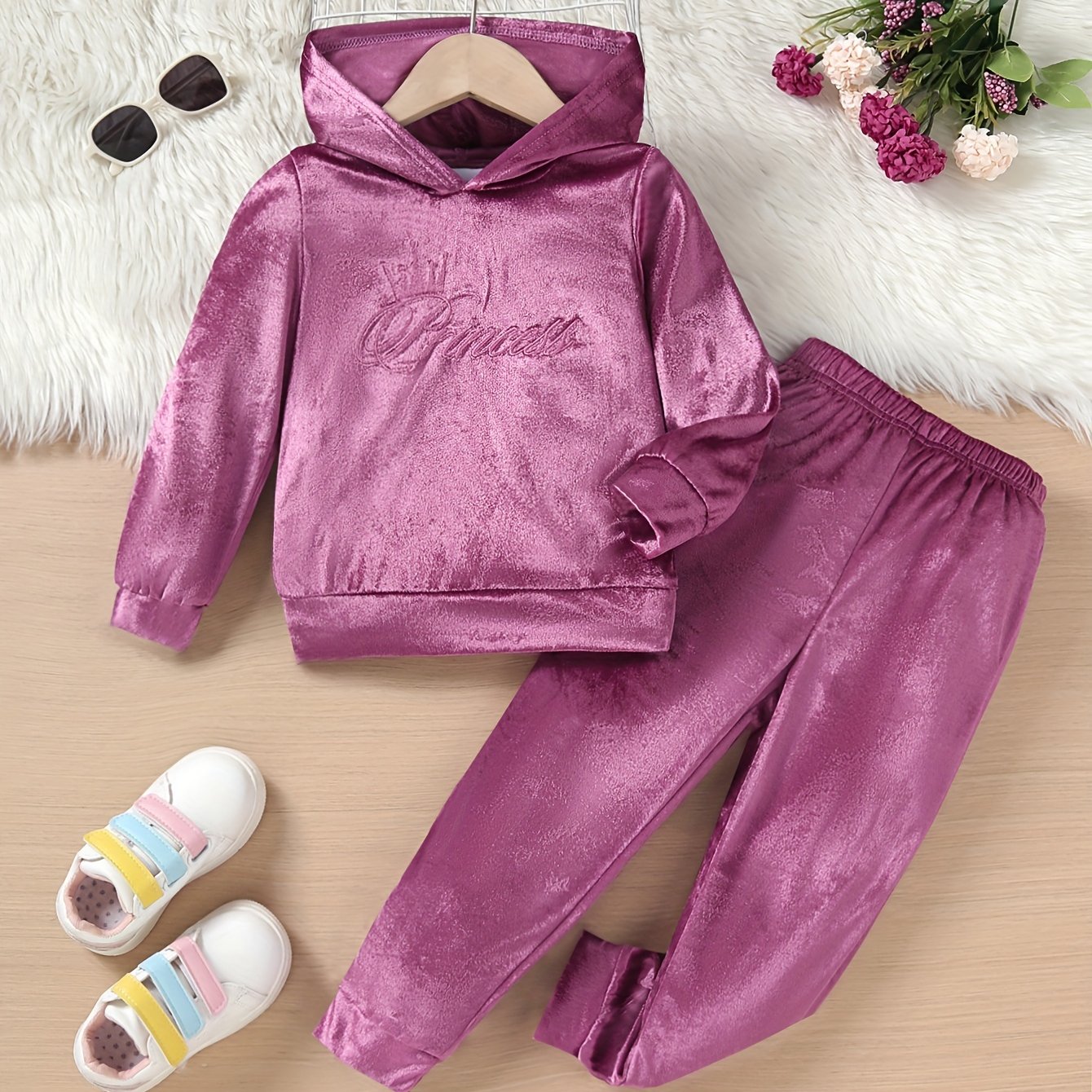 Spring/autumn Style Young Girls' Letter Embroidery Velvet Long-sleeve Hooded Sweatshirt And Solid Color Straight-leg Long Pants Set, Girls' Autumn/winter Set, Perfect For Outdoor