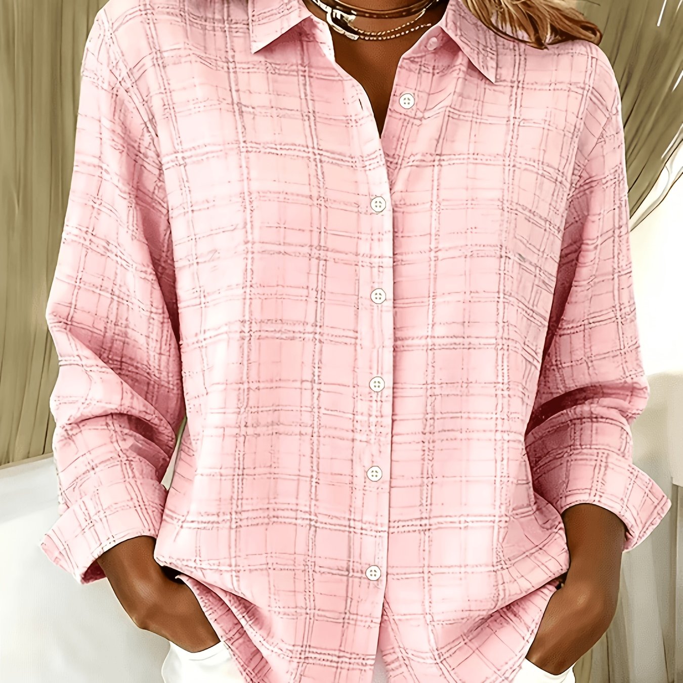TEMU Elegant Special Edition Women's Printed Shirt - Long Sleeve Button-up, Classic Collar, Suitable For Office, Commute, Or Formal Events, Office